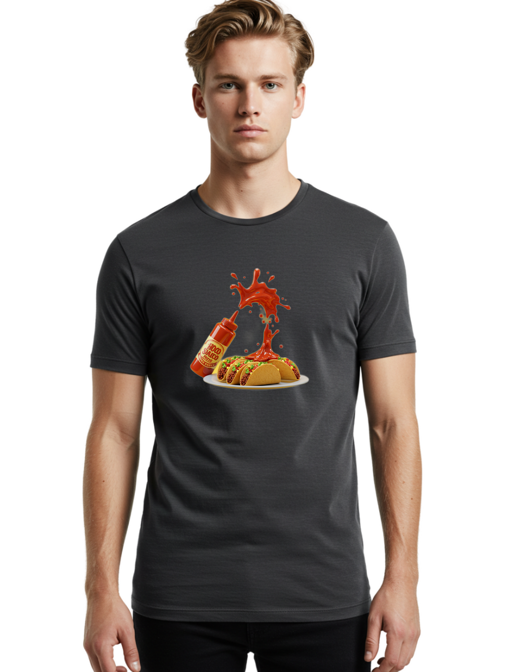 Mojo-Salsa Men'S Graphic Tee, 100% Cotton, Comfortable Casual Summer Wear, Machine Washable, Mad Dog Inferno Sauce, Hot Sauce, Spicy Food, Tacos, Taco Tuesday, Mexican Cuisine, Condiment, Red Sauce, Bold Flavor, Saucy Splatter, Foodie Bab015