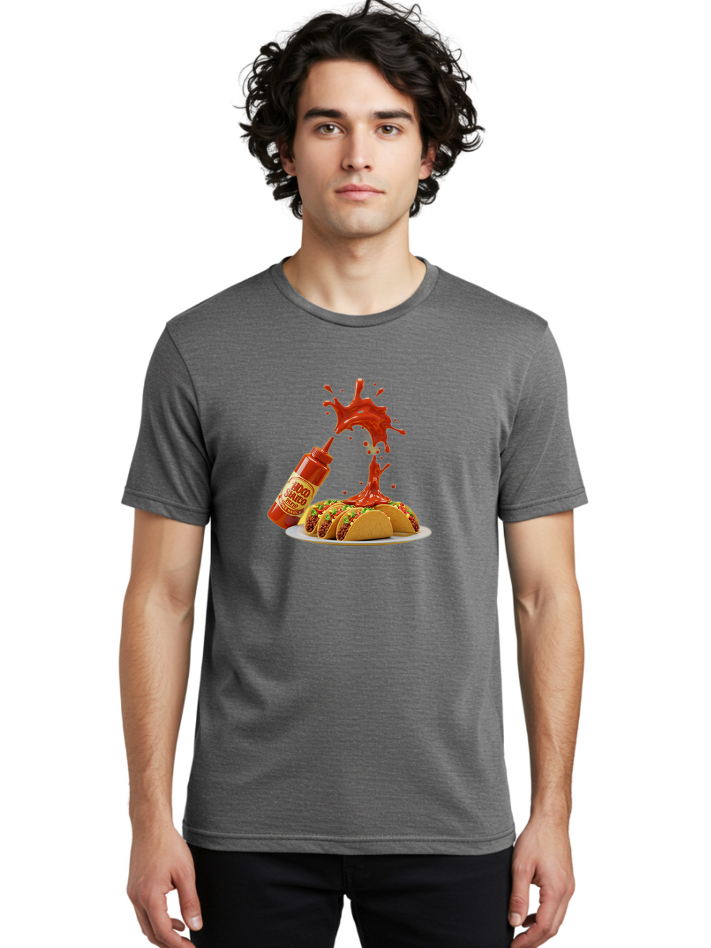 Mojo-Salsa Men'S Graphic Tee, 100% Cotton, Comfortable Casual Summer Wear, Machine Washable, Mad Dog Inferno Sauce, Hot Sauce, Spicy Food, Tacos, Taco Tuesday, Mexican Cuisine, Condiment, Red Sauce, Bold Flavor, Saucy Splatter, Foodie Bab015