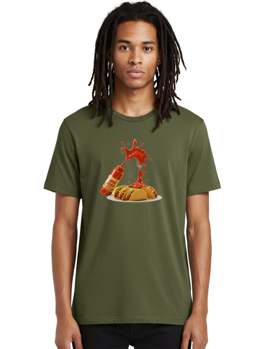 Mojo-Salsa Men'S Graphic Tee, 100% Cotton, Comfortable Casual Summer Wear, Machine Washable, Mad Dog Inferno Sauce, Hot Sauce, Spicy Food, Tacos, Taco Tuesday, Mexican Cuisine, Condiment, Red Sauce, Bold Flavor, Saucy Splatter, Foodie Bab015