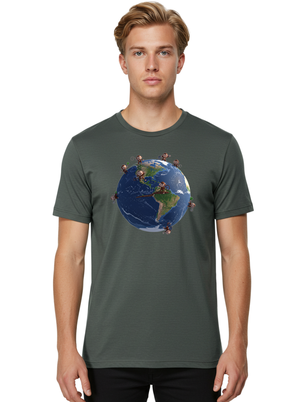 Monkeys-Around-The-World Men'S Graphic Tee, 100% Cotton, Comfortable Casual Summer Wear, Machine Washable, Monkeys On The Globe, Playful Primates, World Map, International Fun, Cartoon Characters, Global Unity, Amusing Scene, Monkey Business Bab017