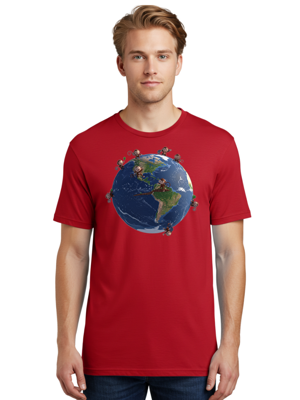 Monkeys-Around-The-World Men'S Graphic Tee, 100% Cotton, Comfortable Casual Summer Wear, Machine Washable, Monkeys On The Globe, Playful Primates, World Map, International Fun, Cartoon Characters, Global Unity, Amusing Scene, Monkey Business Bab017