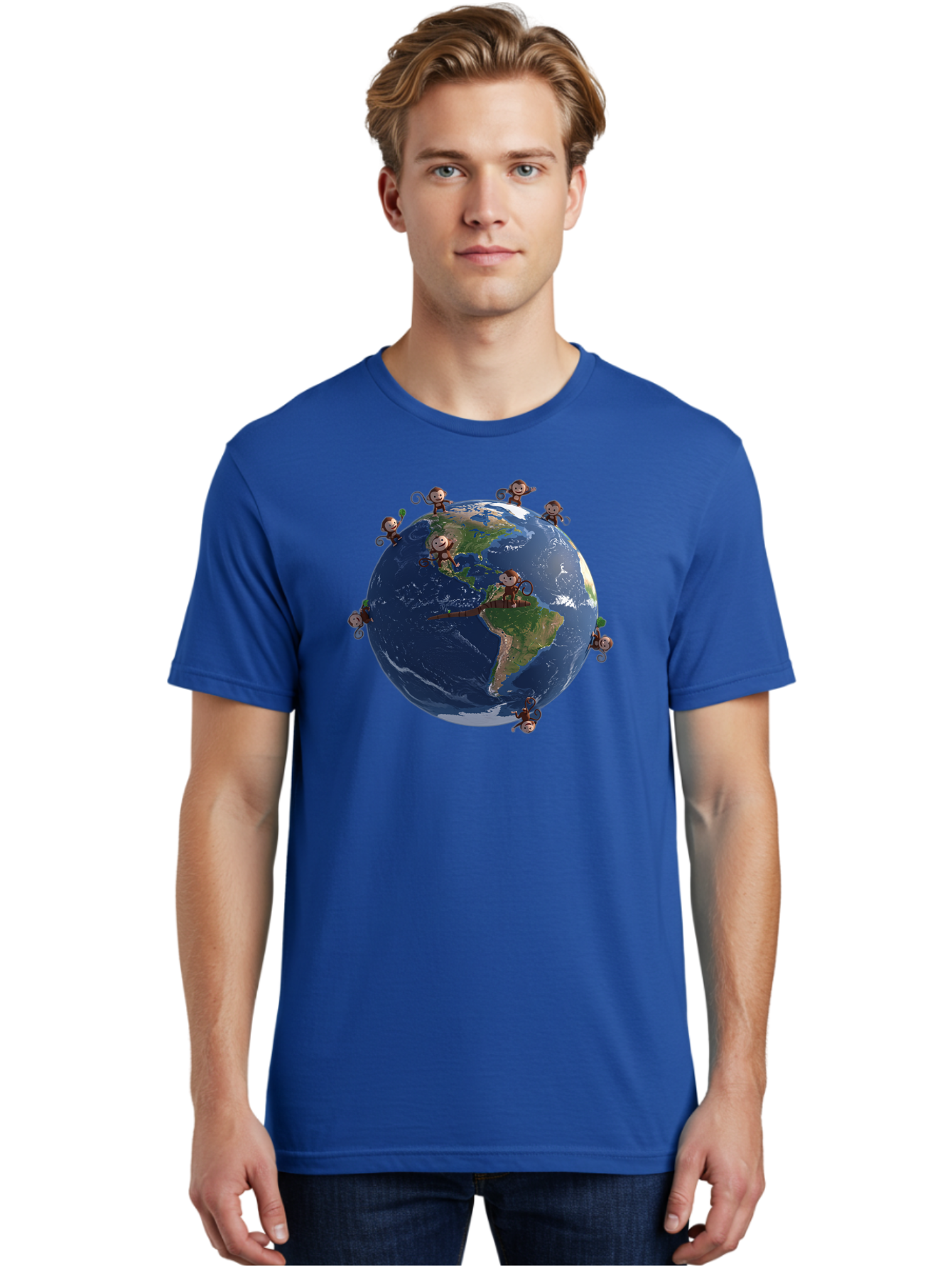 Monkeys-Around-The-World Men'S Graphic Tee, 100% Cotton, Comfortable Casual Summer Wear, Machine Washable, Monkeys On The Globe, Playful Primates, World Map, International Fun, Cartoon Characters, Global Unity, Amusing Scene, Monkey Business Bab017