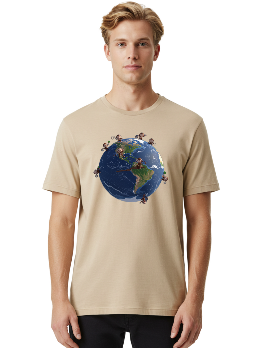 Monkeys-Around-The-World Men'S Graphic Tee, 100% Cotton, Comfortable Casual Summer Wear, Machine Washable, Monkeys On The Globe, Playful Primates, World Map, International Fun, Cartoon Characters, Global Unity, Amusing Scene, Monkey Business Bab017