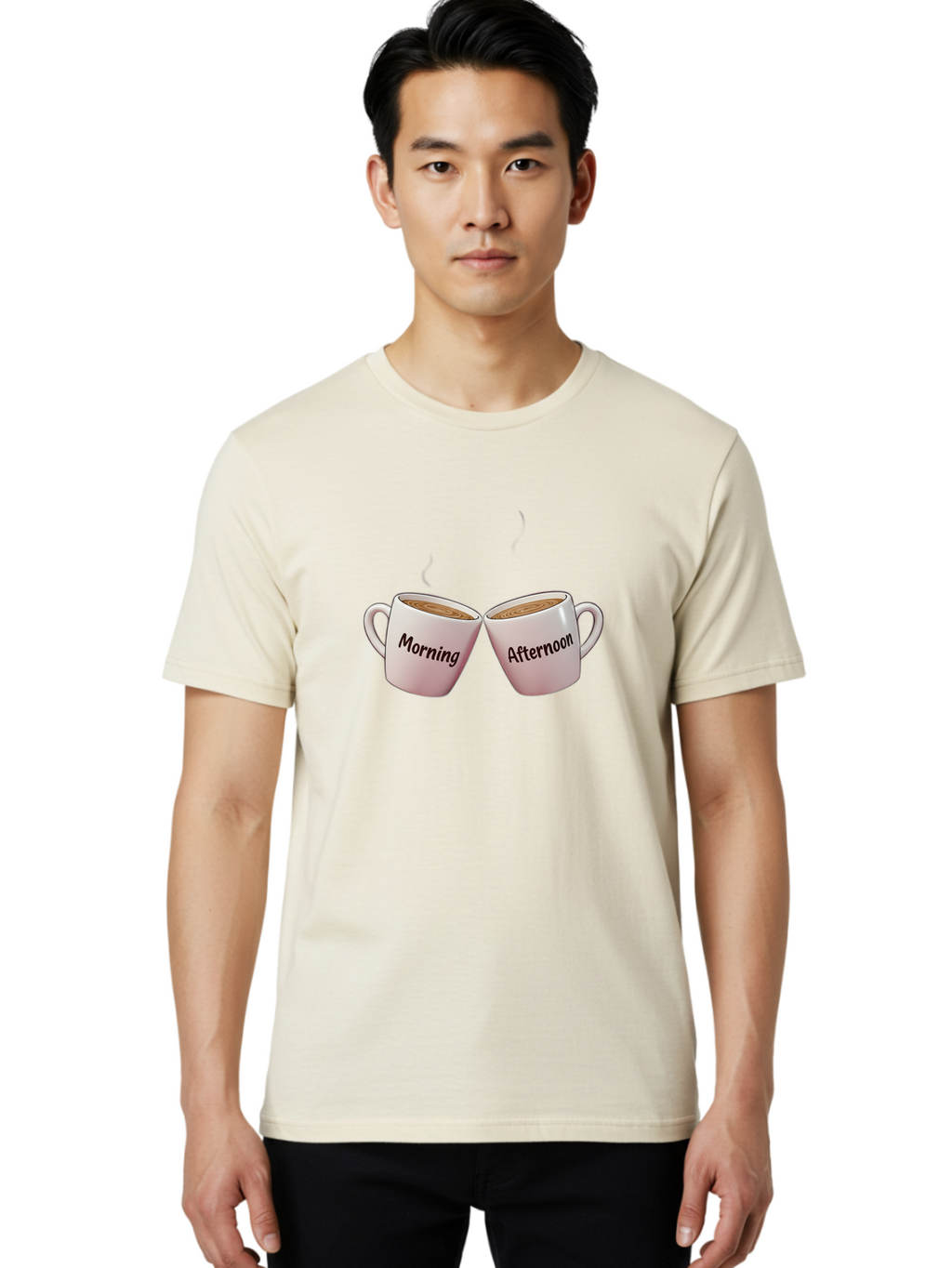 Morning-Afternoon-Coffee-Cups Men'S Graphic Tee, 100% Cotton, Comfortable Casual Summer Wear, Machine Washable, Two Coffee Cups, Morning Coffee, Afternoon Coffee, Steaming Hot Coffee, Coffee Time, Daily Routine, Coffee Break Bab021