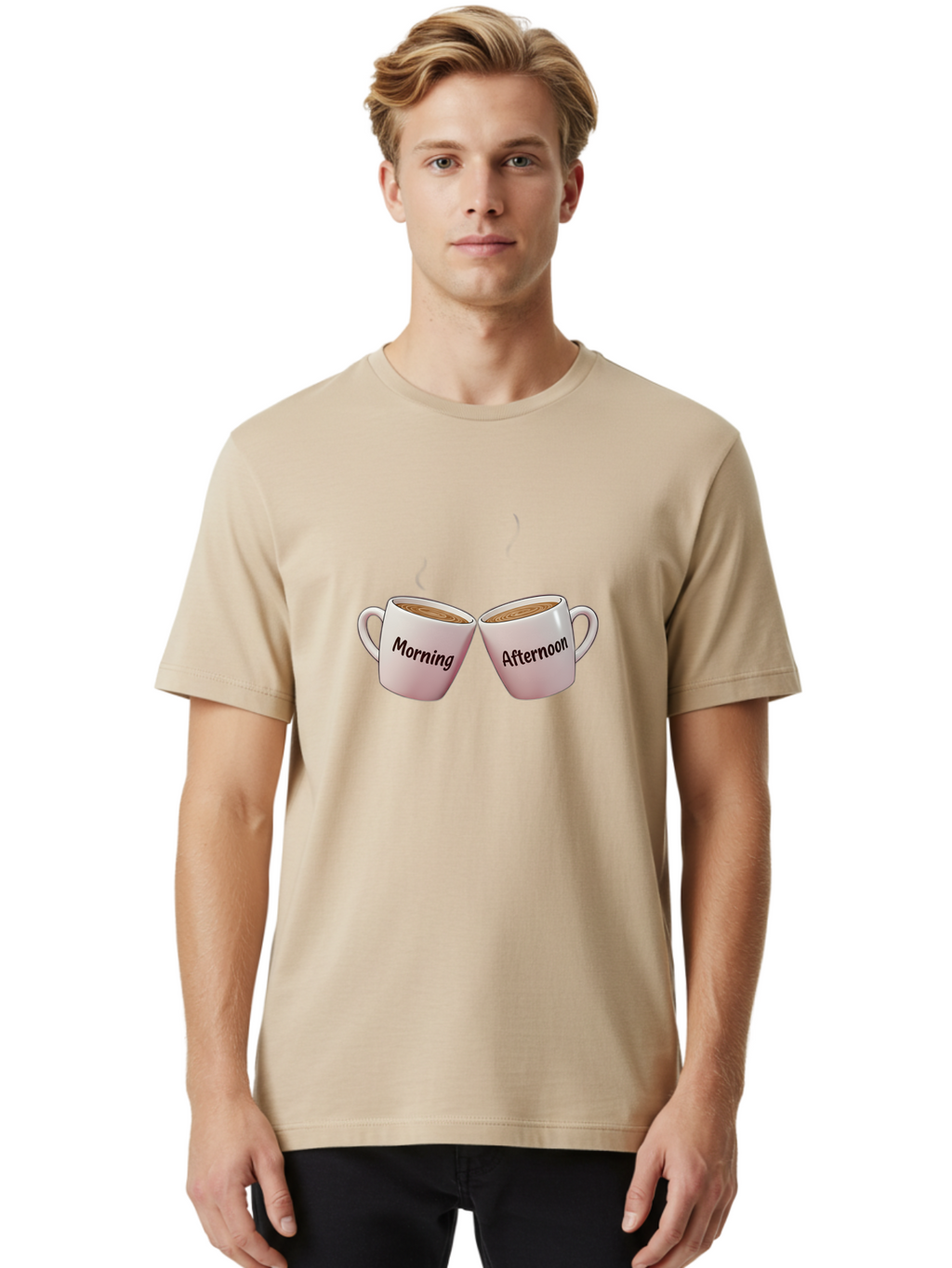 Morning-Afternoon-Coffee-Cups Men'S Graphic Tee, 100% Cotton, Comfortable Casual Summer Wear, Machine Washable, Two Coffee Cups, Morning Coffee, Afternoon Coffee, Steaming Hot Coffee, Coffee Time, Daily Routine, Coffee Break Bab021