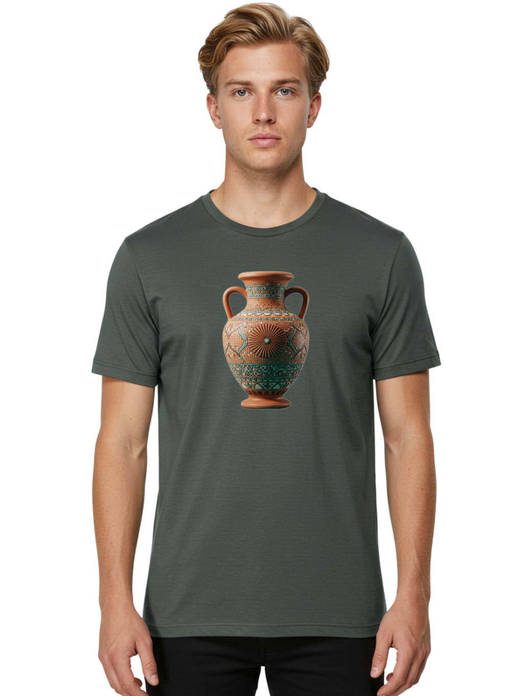 Mosaic-Vase Men'S Graphic Tee, 100% Cotton, Comfortable Casual Summer Wear, Machine Washable, Ancient Greek Vase, Terracotta Pottery, Classical Design, Ornate Patterns, Mosaic Art, Cultural Heritage, Traditional Craftsmanship, Bab023