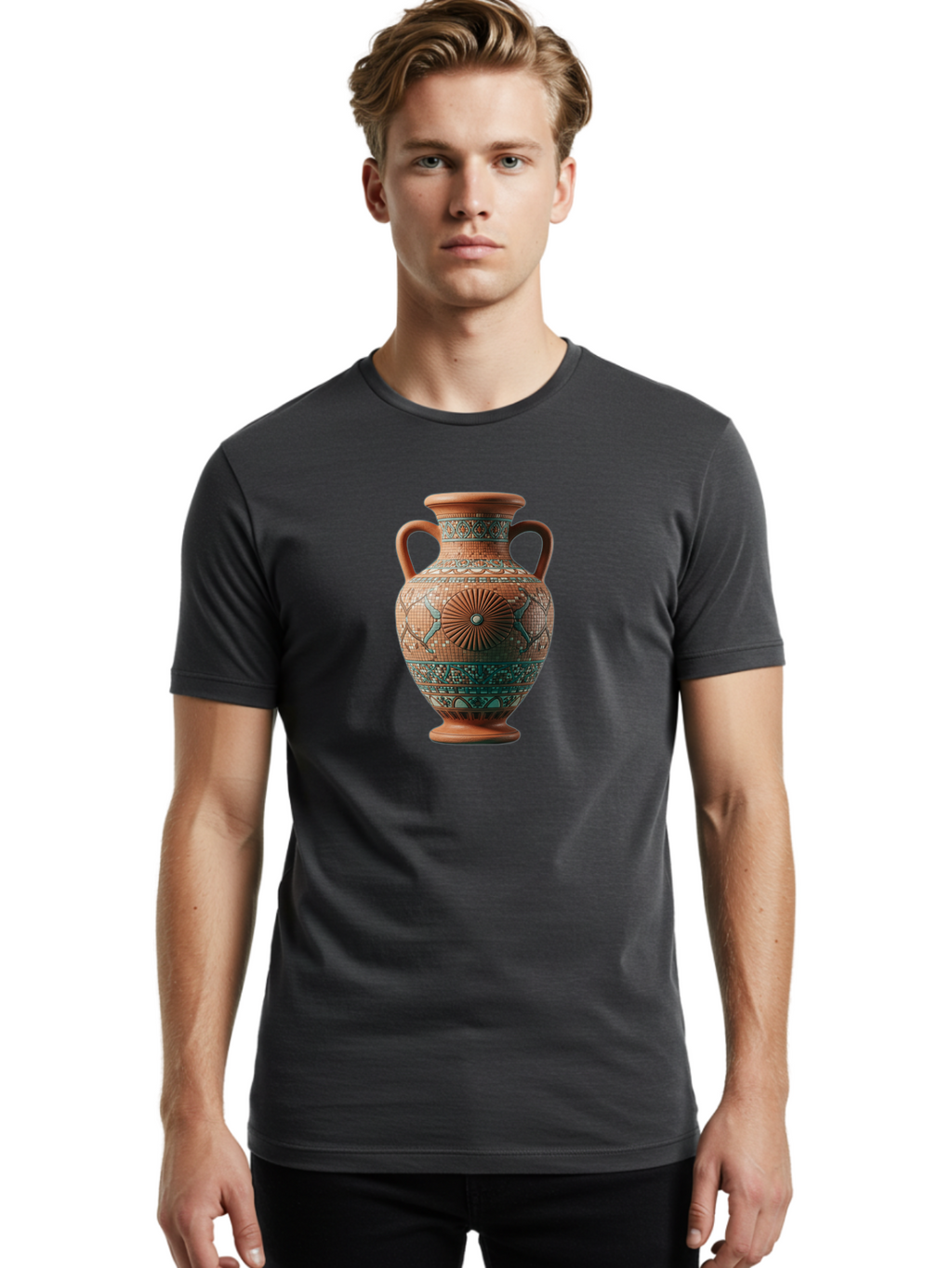 Mosaic-Vase Men'S Graphic Tee, 100% Cotton, Comfortable Casual Summer Wear, Machine Washable, Ancient Greek Vase, Terracotta Pottery, Classical Design, Ornate Patterns, Mosaic Art, Cultural Heritage, Traditional Craftsmanship, Bab023