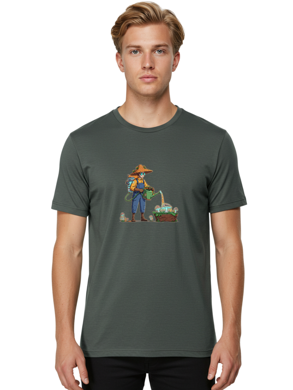 Mushroom-Gardener Men'S Graphic Tee, 100% Cotton, Comfortable Casual Summer Wear, Machine Washable, Gardener Watering Mushrooms, Cartoon Character, Gardening Tools, Mushroom Cultivation, Fantasy Gardening, Fun Illustration, Mushroom Care, Bab026