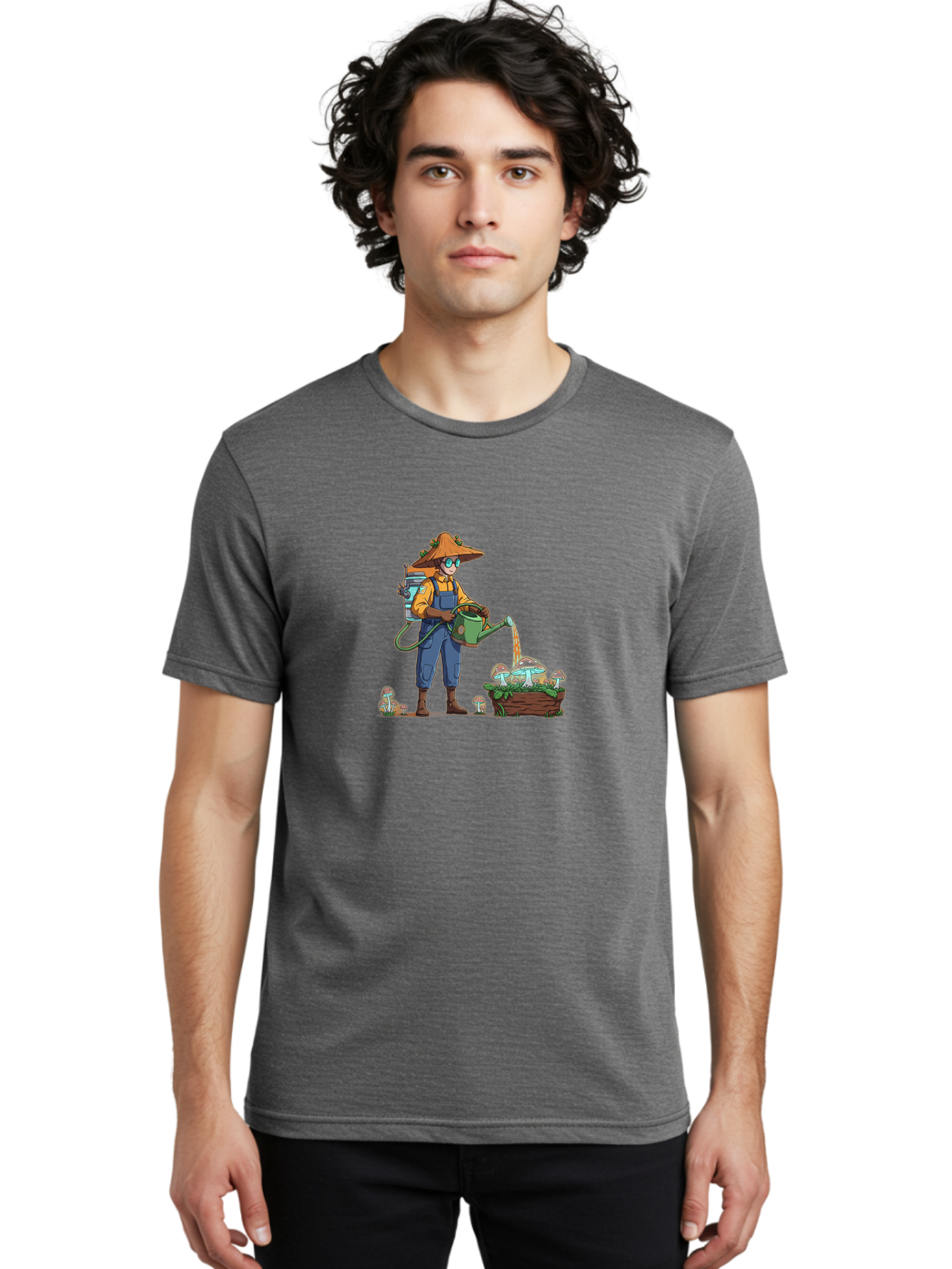 Mushroom-Gardener Men'S Graphic Tee, 100% Cotton, Comfortable Casual Summer Wear, Machine Washable, Gardener Watering Mushrooms, Cartoon Character, Gardening Tools, Mushroom Cultivation, Fantasy Gardening, Fun Illustration, Mushroom Care, Bab026