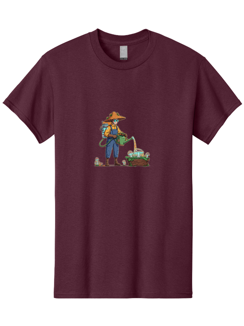 Mushroom-Gardener Men'S Graphic Tee, 100% Cotton, Comfortable Casual Summer Wear, Machine Washable, Gardener Watering Mushrooms, Cartoon Character, Gardening Tools, Mushroom Cultivation, Fantasy Gardening, Fun Illustration, Mushroom Care, Bab026