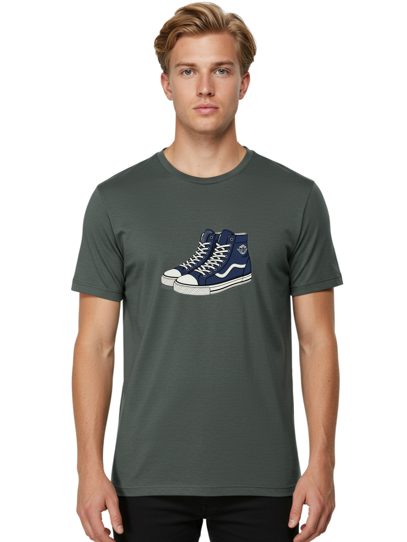 Navy-Blue-High-Top-Sneakers Men'S Graphic Tee, 100% Cotton, Comfortable Casual Summer Wear, Machine Washable, Navy Blue Sneakers, High-Top Shoes, White Laces, White Soles, Athletic Footwear, Casual Wear, Sports Shoes, Comfortable Shoes, Bab027