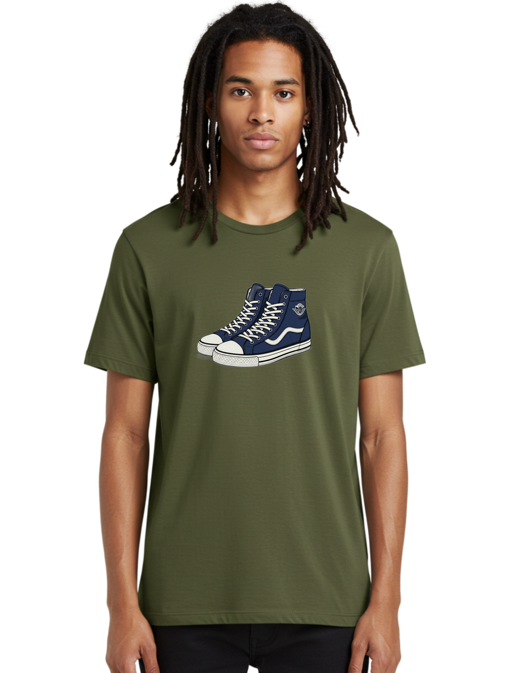 Navy-Blue-High-Top-Sneakers Men'S Graphic Tee, 100% Cotton, Comfortable Casual Summer Wear, Machine Washable, Navy Blue Sneakers, High-Top Shoes, White Laces, White Soles, Athletic Footwear, Casual Wear, Sports Shoes, Comfortable Shoes, Bab027