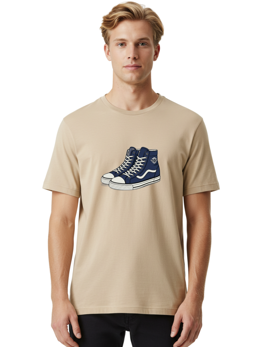 Navy-Blue-High-Top-Sneakers Men'S Graphic Tee, 100% Cotton, Comfortable Casual Summer Wear, Machine Washable, Navy Blue Sneakers, High-Top Shoes, White Laces, White Soles, Athletic Footwear, Casual Wear, Sports Shoes, Comfortable Shoes, Bab027