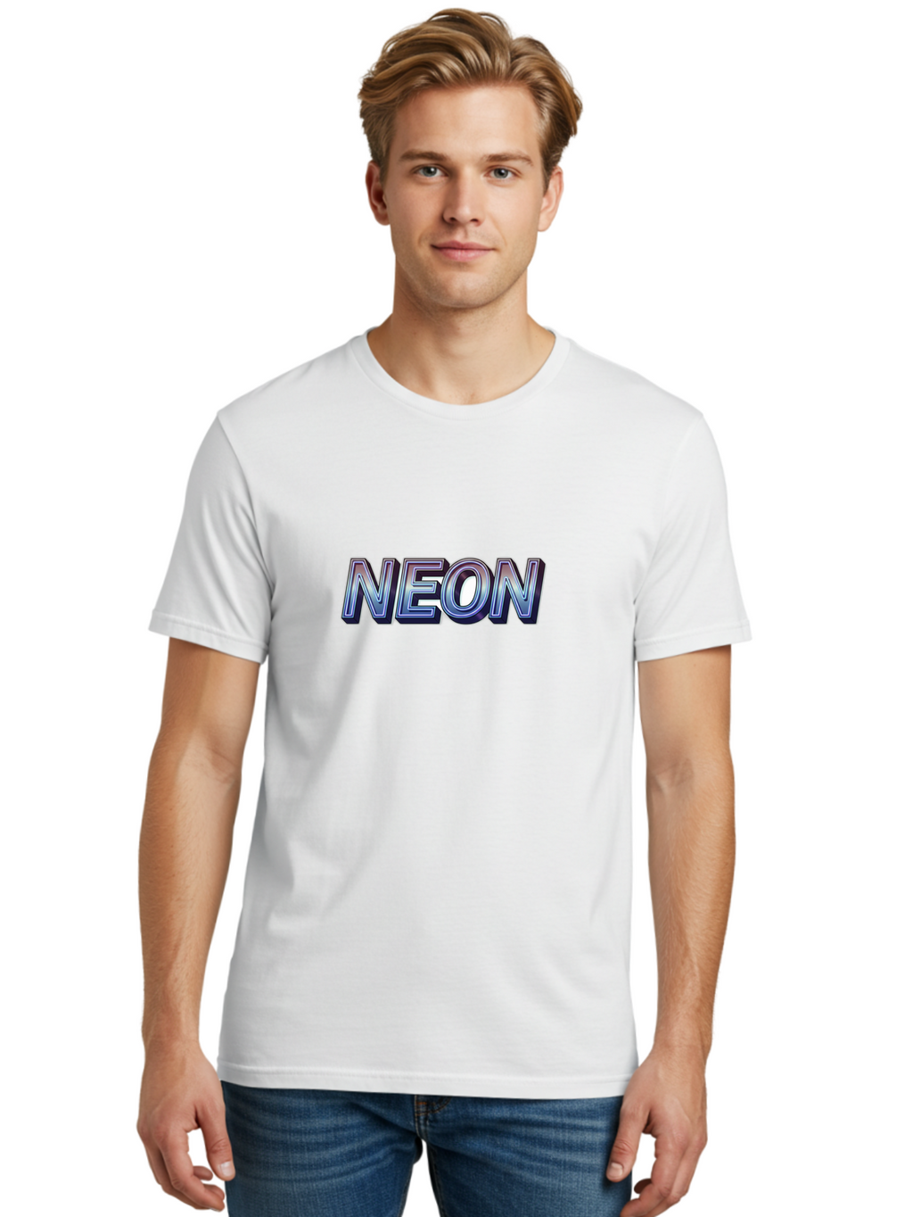 Neon Men'S Graphic Tee, 100% Cotton, Comfortable Casual Summer Wear, Machine Washable, Neon Sign, Glowing Letters, Futuristic Design, Vibrant Colors, Chrome Effect, Modern Aesthetic, Nightlife Inspiration, Urban Style, Bold Typography Bab029