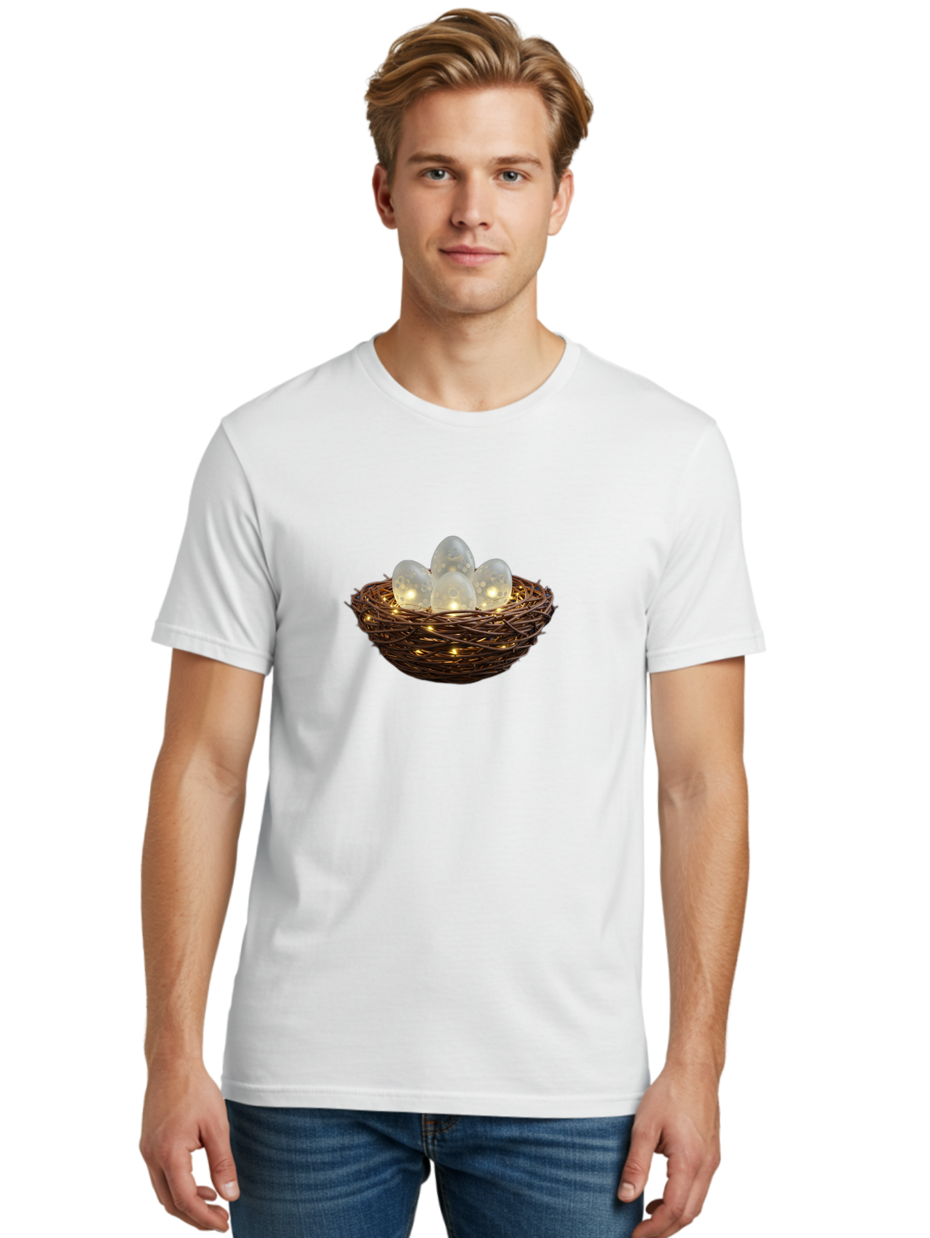Nest-With-Eggs Men'S Graphic Tee, 100% Cotton, Comfortable Casual Summer Wear, Machine Washable, Glowing Eggs In A Nest, Festive Decor, Decorative Nest, Twig Nest, Glowing Orbs, String Lights, Home Decor, Easter Eggs, Spring Decoration Bab030