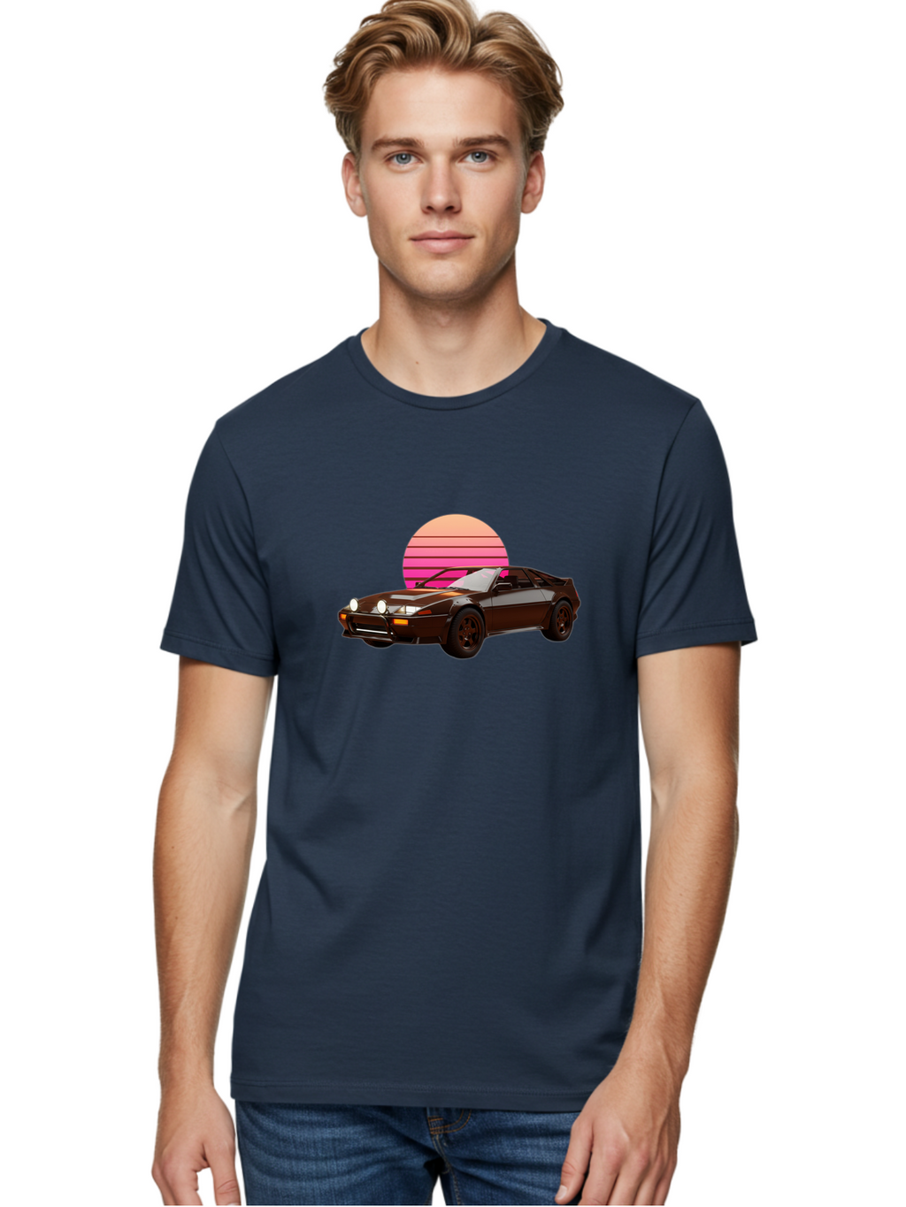 Nissan-240Z Men'S Graphic Tee, 100% Cotton, Comfortable Casual Summer Wear, Machine Washable, Vintage Sports Car, Retro Style, Dusk Scene, Gradient Sunset, Nostalgic Feel, Classic Automobile, Vintage Vibes, Iconic Design, Automotive Art, Bab036