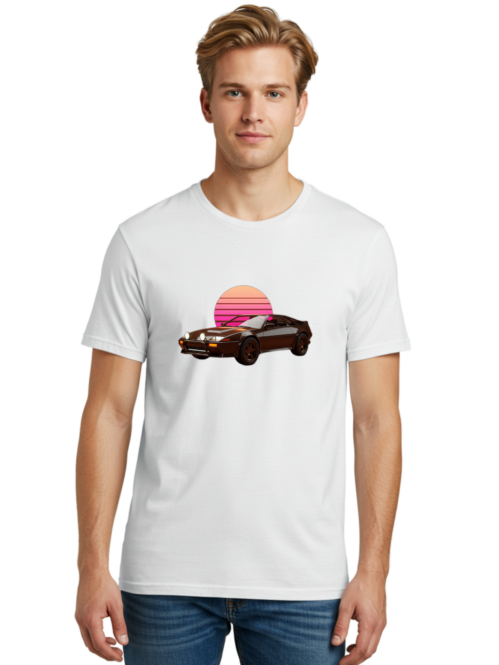Nissan-240Z Men'S Graphic Tee, 100% Cotton, Comfortable Casual Summer Wear, Machine Washable, Vintage Sports Car, Retro Style, Dusk Scene, Gradient Sunset, Nostalgic Feel, Classic Automobile, Vintage Vibes, Iconic Design, Automotive Art, Bab036