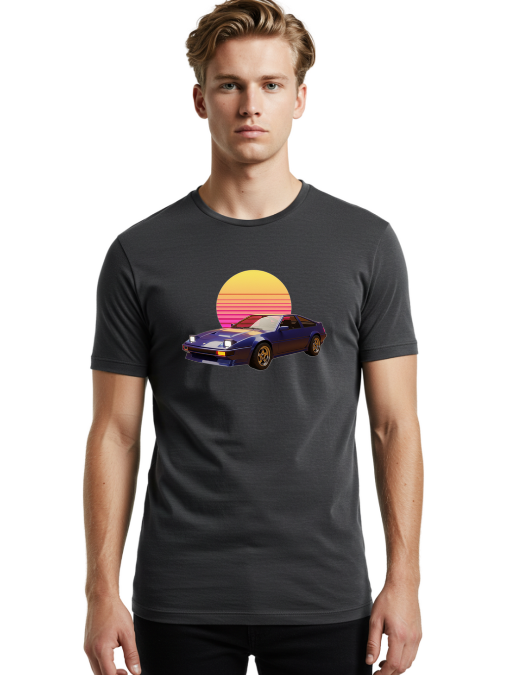 Nissan-280Zx Men'S Graphic Tee, 100% Cotton, Comfortable Casual Summer Wear, Machine Washable, Retro Sports Car, Vintage Automobile, 80S Style, Pop Art, Neon Colors, Gradient Sun, Futuristic Design, Classic Ride, Nostalgic Feel, Bab037