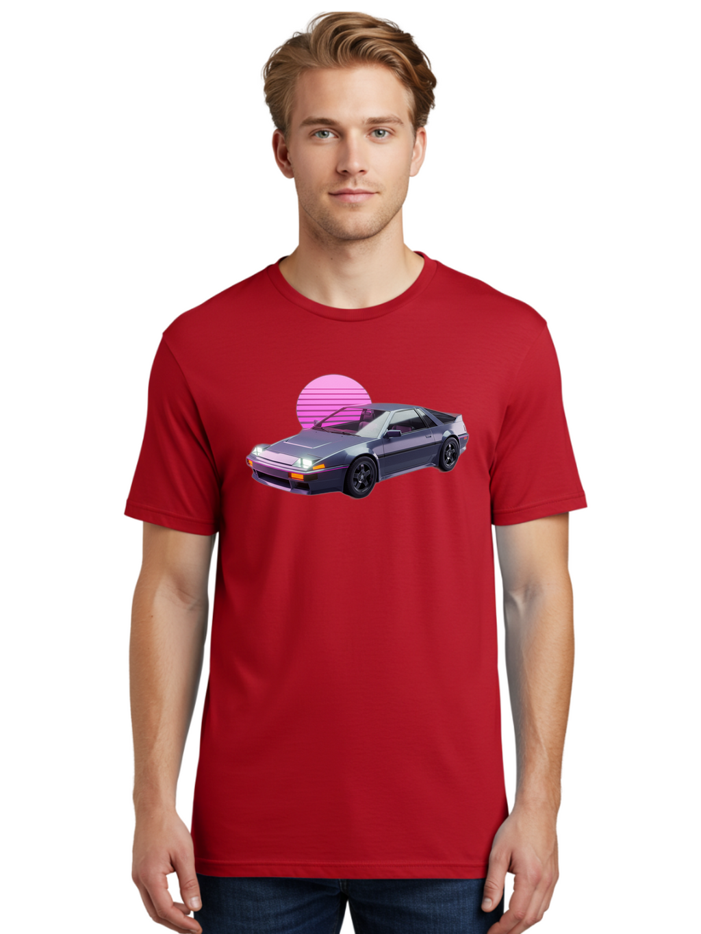 Nissan-300Zx-5 Men'S Graphic Tee, 100% Cotton, Comfortable Casual Summer Wear, Machine Washable, Nissan 300Zx Sports Car, Retro Futuristic Design, Sleek Gray Body, Black Wheels, Pink Accents, Neon Lights, Vaporwave Aesthetic, Synthwave Style Bab042
