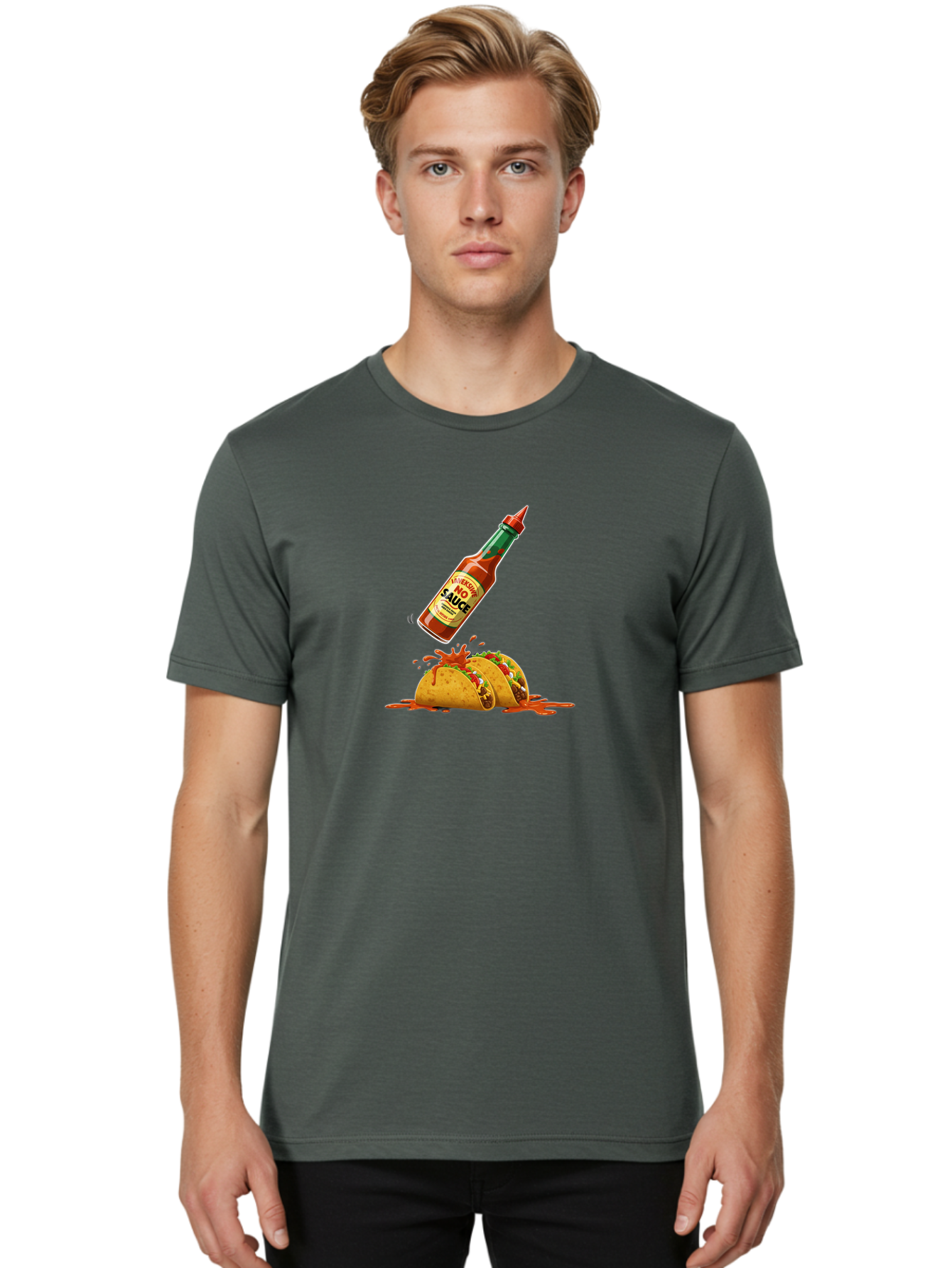 No-Sauce Men'S Graphic Tee, 100% Cotton, Comfortable Casual Summer Wear, Machine Washable, Hot Sauce Splashing On Tacos, Spicy Food, Mexican Cuisine, Taco Tuesday, Flavorful Dishes, Spicy Kick Bab045