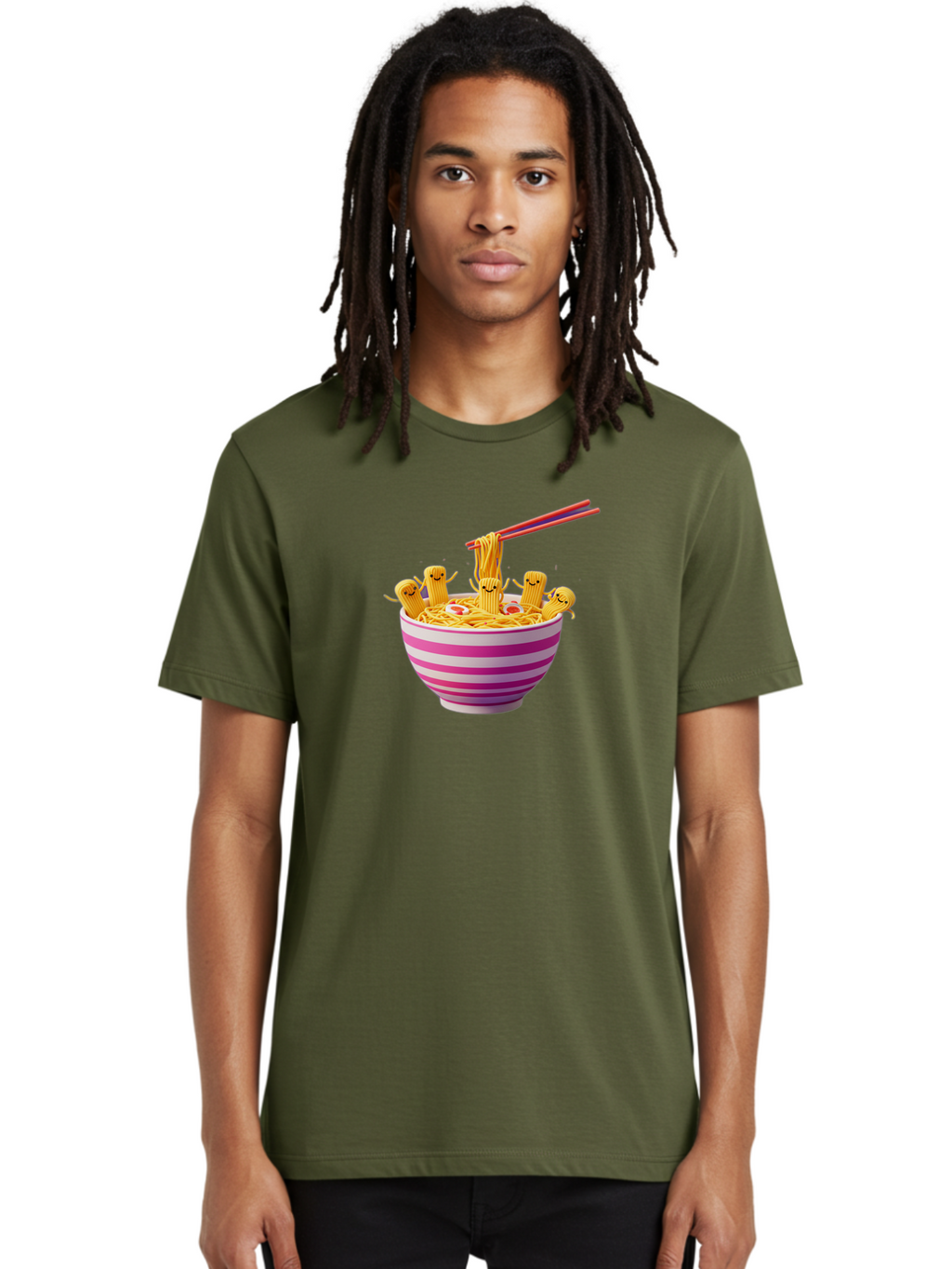 Noodles-With-Faces Men'S Graphic Tee, 100% Cotton, Comfortable Casual Summer Wear, Machine Washable, Bowl Of Noodles, Cartoon Bamboo Sticks, Playful Chopsticks, Fun Design, Asian Cuisine, Kawaii Characters, Noodle Lovers, Meal Time, Bab046