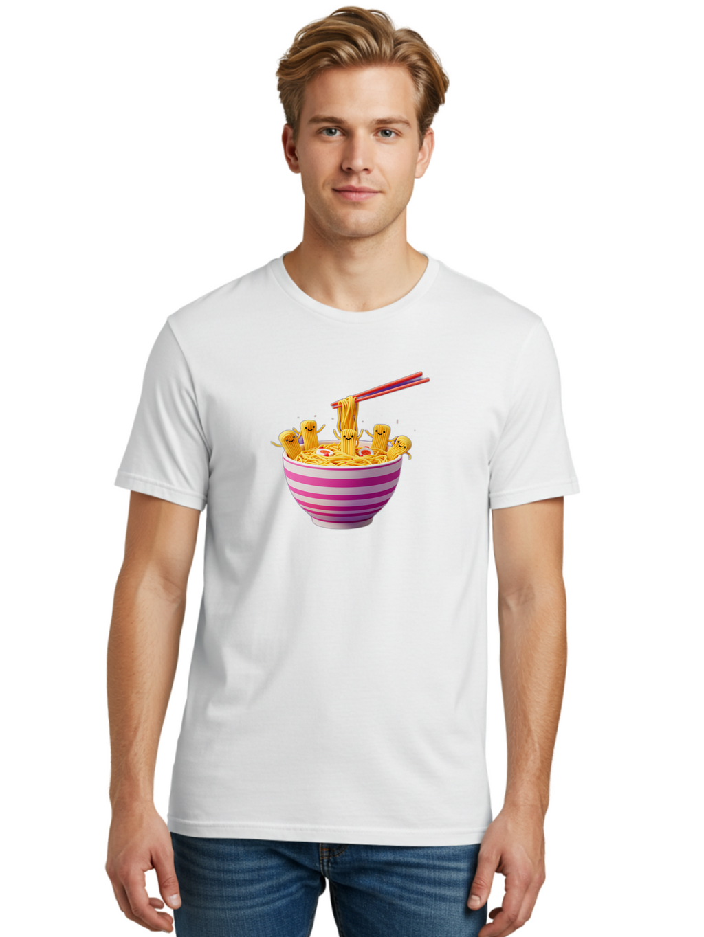Noodles-With-Faces Men'S Graphic Tee, 100% Cotton, Comfortable Casual Summer Wear, Machine Washable, Bowl Of Noodles, Cartoon Bamboo Sticks, Playful Chopsticks, Fun Design, Asian Cuisine, Kawaii Characters, Noodle Lovers, Meal Time, Bab046