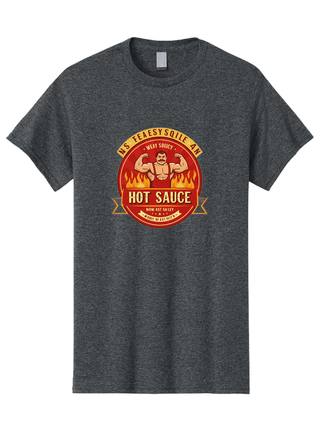 Ns-Feaesy-Sqile-An-Hot-Sauce Men'S Graphic Tee, 100% Cotton, Comfortable Casual Summer Wear, Machine Washable, Hot Sauce Label, Cartoon Strongman, Red And Yellow Design, Fiery Flames, Humorous Text, Playful Typography, Spicy Food, Bab047