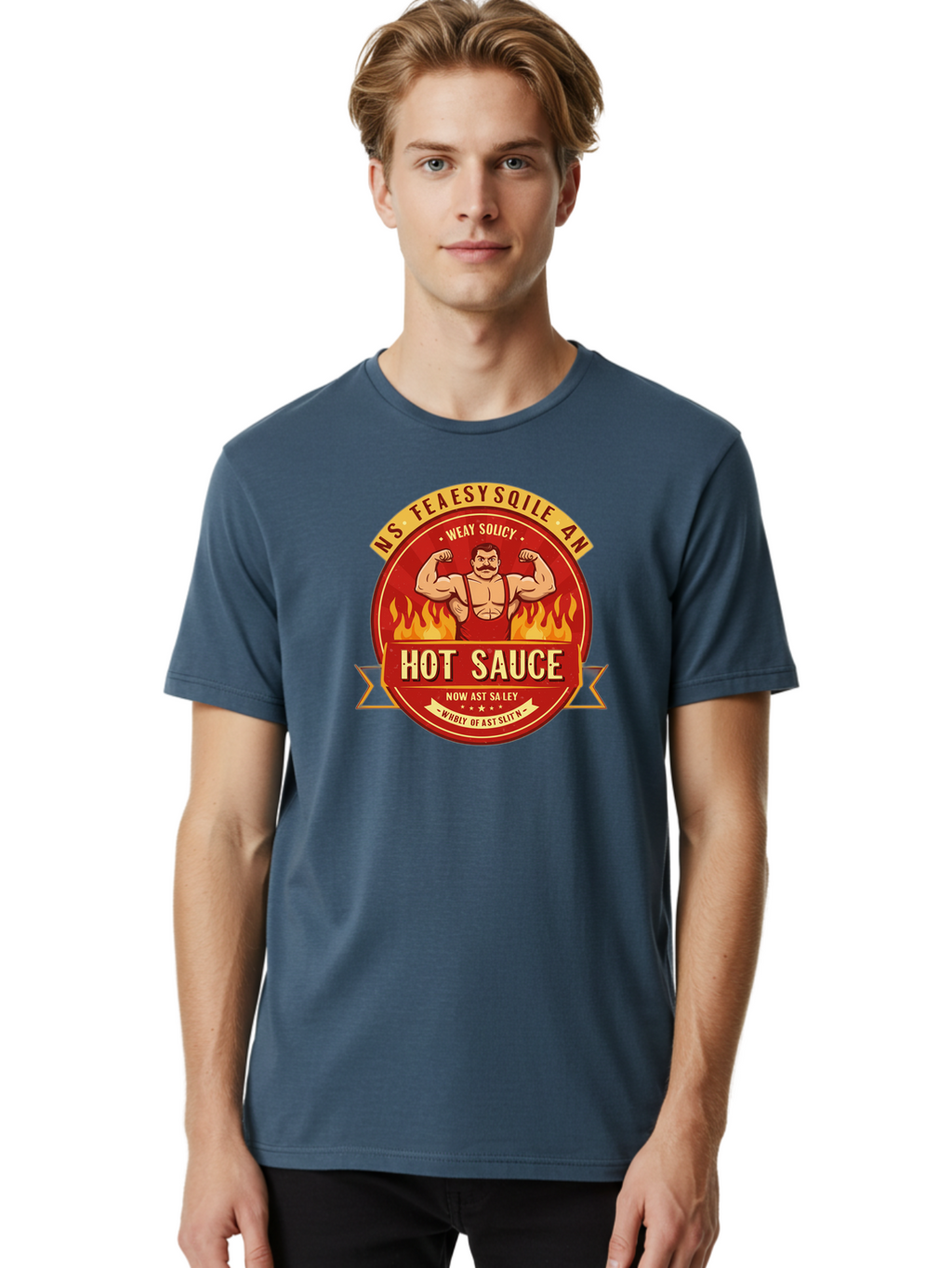 Ns-Feaesy-Sqile-An-Hot-Sauce Men'S Graphic Tee, 100% Cotton, Comfortable Casual Summer Wear, Machine Washable, Hot Sauce Label, Cartoon Strongman, Red And Yellow Design, Fiery Flames, Humorous Text, Playful Typography, Spicy Food, Bab047