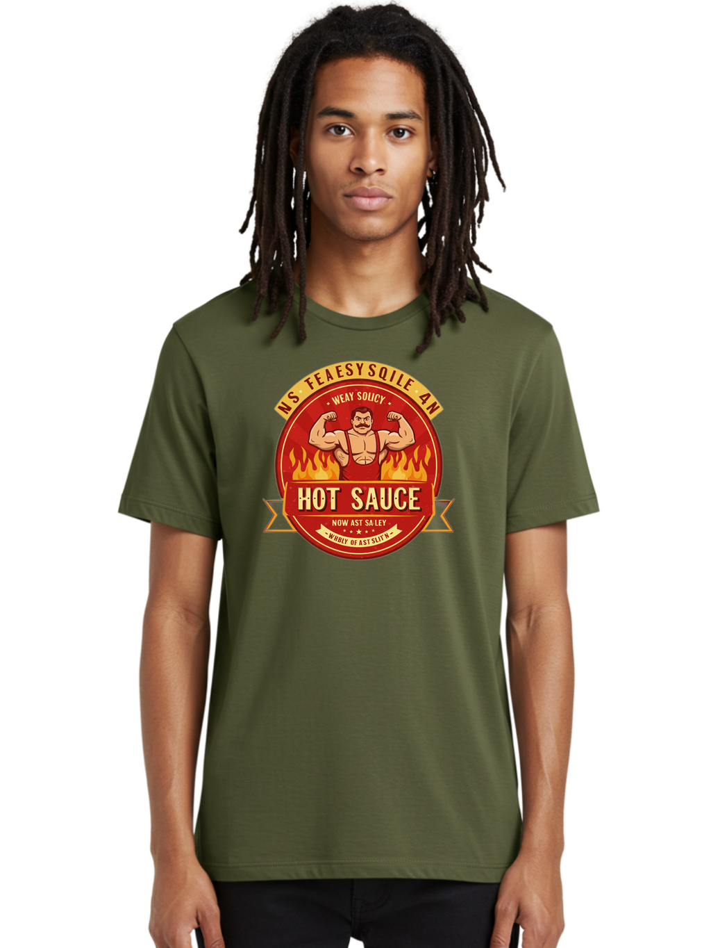 Ns-Feaesy-Sqile-An-Hot-Sauce Men'S Graphic Tee, 100% Cotton, Comfortable Casual Summer Wear, Machine Washable, Hot Sauce Label, Cartoon Strongman, Red And Yellow Design, Fiery Flames, Humorous Text, Playful Typography, Spicy Food, Bab047