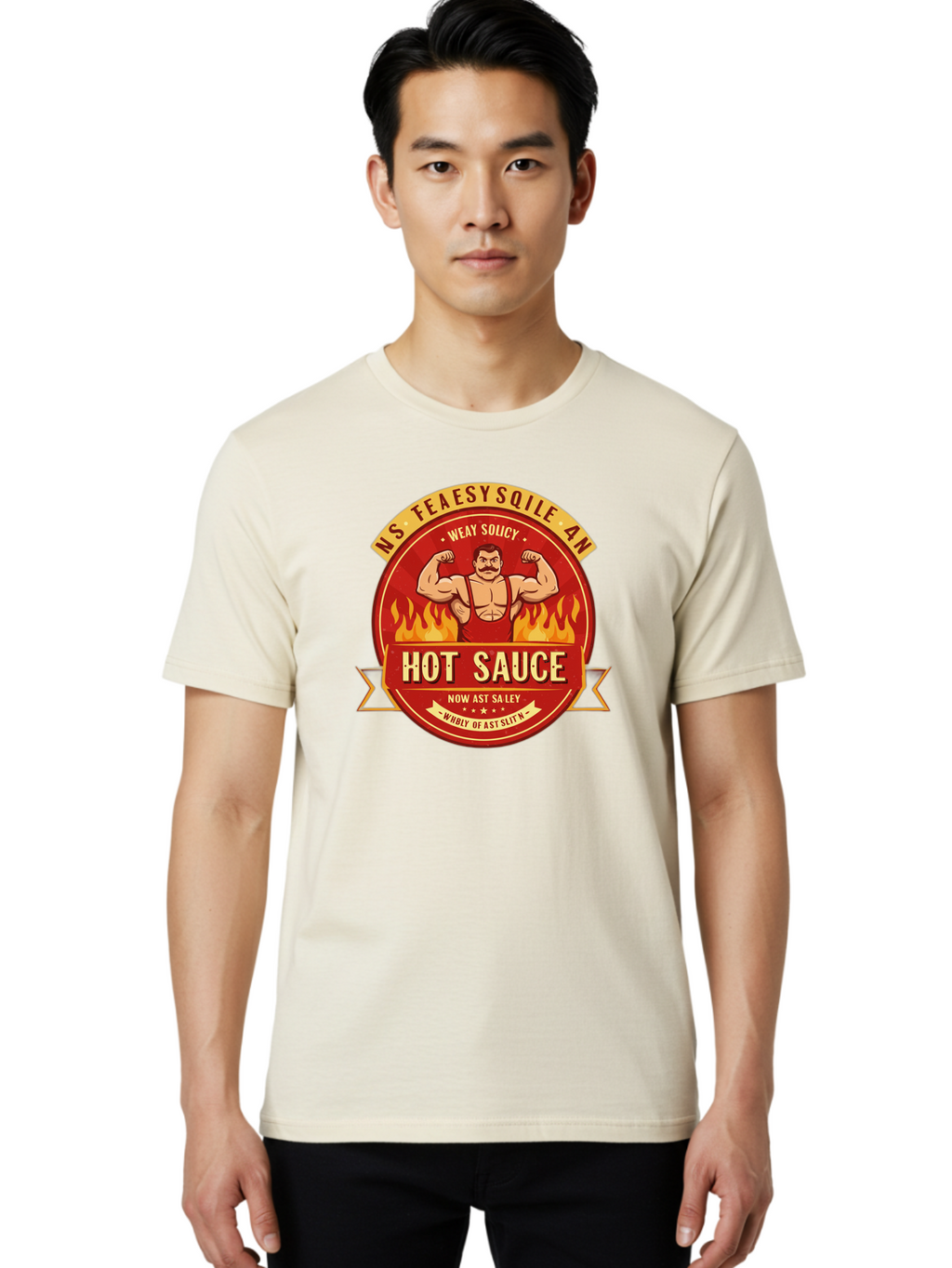 Ns-Feaesy-Sqile-An-Hot-Sauce Men'S Graphic Tee, 100% Cotton, Comfortable Casual Summer Wear, Machine Washable, Hot Sauce Label, Cartoon Strongman, Red And Yellow Design, Fiery Flames, Humorous Text, Playful Typography, Spicy Food, Bab047