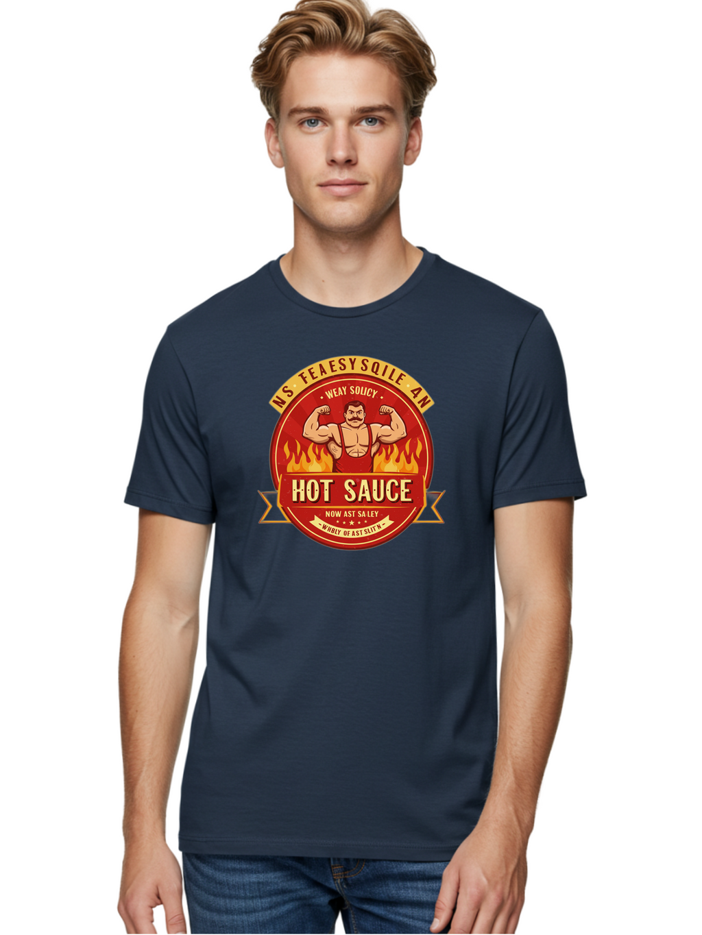 Ns-Feaesy-Sqile-An-Hot-Sauce Men'S Graphic Tee, 100% Cotton, Comfortable Casual Summer Wear, Machine Washable, Hot Sauce Label, Cartoon Strongman, Red And Yellow Design, Fiery Flames, Humorous Text, Playful Typography, Spicy Food, Bab047