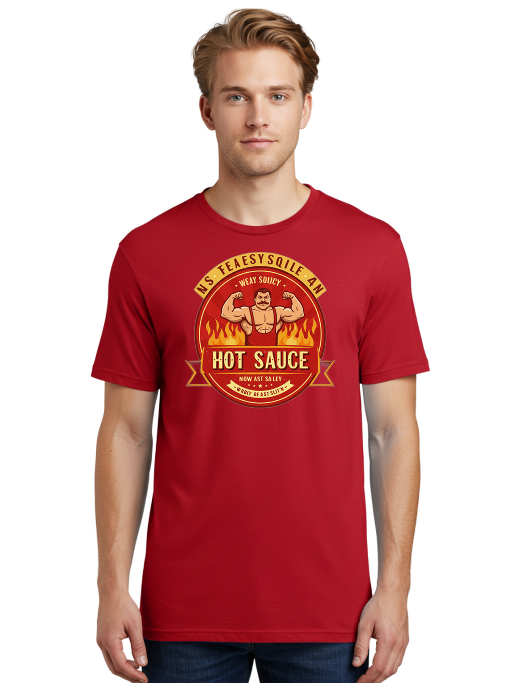 Ns-Feaesy-Sqile-An-Hot-Sauce Men'S Graphic Tee, 100% Cotton, Comfortable Casual Summer Wear, Machine Washable, Hot Sauce Label, Cartoon Strongman, Red And Yellow Design, Fiery Flames, Humorous Text, Playful Typography, Spicy Food, Bab047