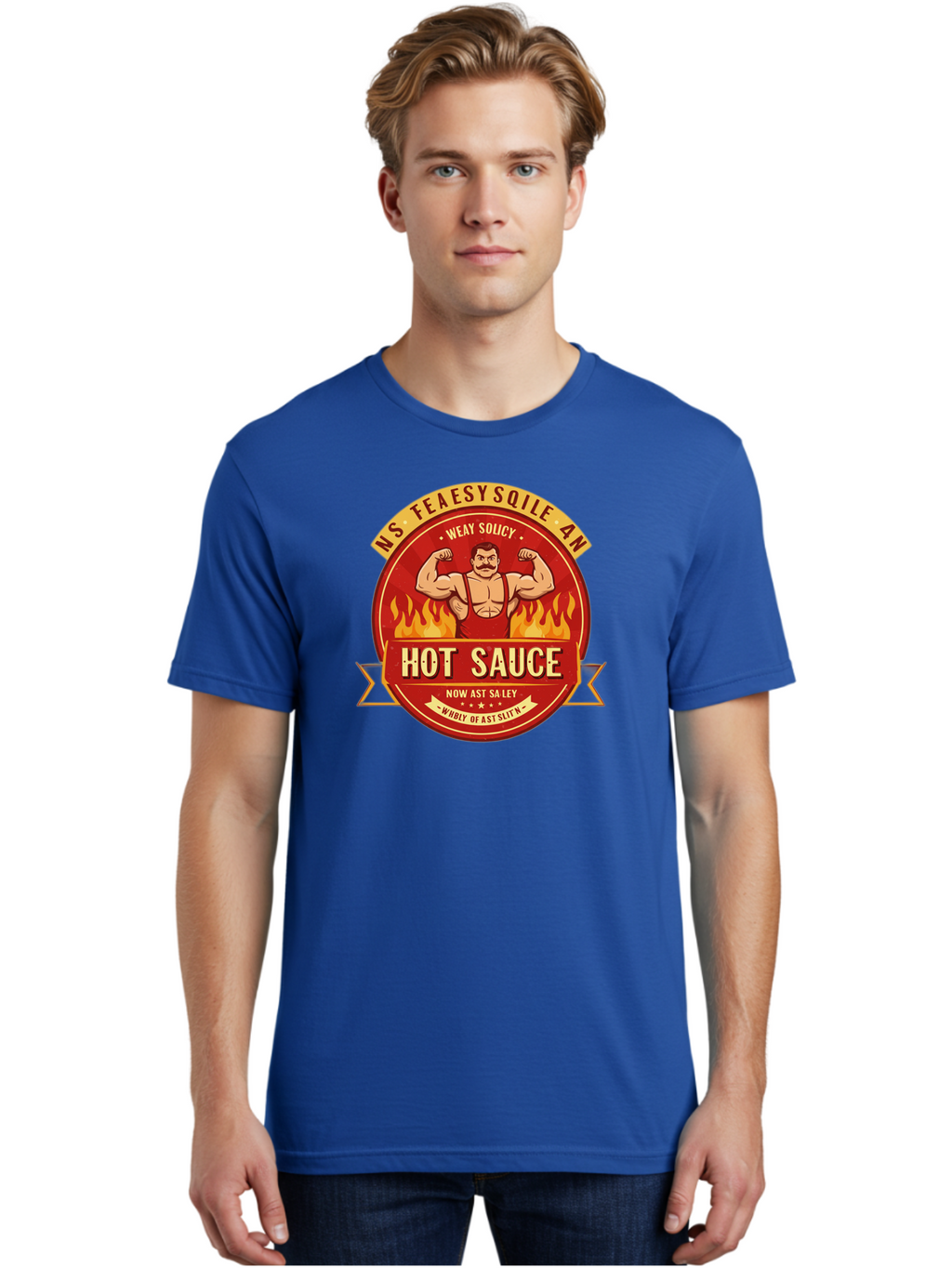 Ns-Feaesy-Sqile-An-Hot-Sauce Men'S Graphic Tee, 100% Cotton, Comfortable Casual Summer Wear, Machine Washable, Hot Sauce Label, Cartoon Strongman, Red And Yellow Design, Fiery Flames, Humorous Text, Playful Typography, Spicy Food, Bab047