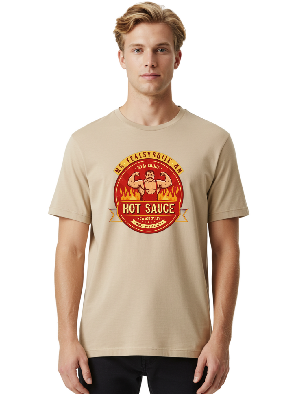 Ns-Feaesy-Sqile-An-Hot-Sauce Men'S Graphic Tee, 100% Cotton, Comfortable Casual Summer Wear, Machine Washable, Hot Sauce Label, Cartoon Strongman, Red And Yellow Design, Fiery Flames, Humorous Text, Playful Typography, Spicy Food, Bab047