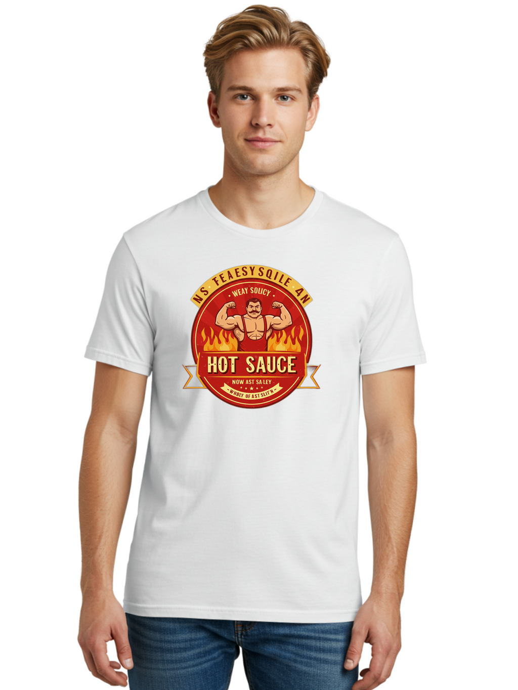Ns-Feaesy-Sqile-An-Hot-Sauce Men'S Graphic Tee, 100% Cotton, Comfortable Casual Summer Wear, Machine Washable, Hot Sauce Label, Cartoon Strongman, Red And Yellow Design, Fiery Flames, Humorous Text, Playful Typography, Spicy Food, Bab047