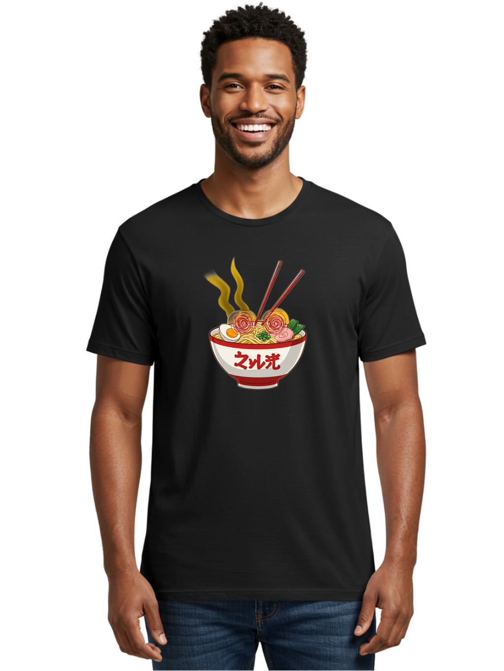 Null-Guang-Ramen Men'S Graphic Tee, 100% Cotton, Comfortable Casual Summer Wear, Machine Washable, Steaming Hot Ramen, Japanese Noodle Soup, Savory Broth, Boiled Egg, Sliced Pork, Green Onions, Chopsticks, Naruto Swirls, Delicious Meal, Bab048