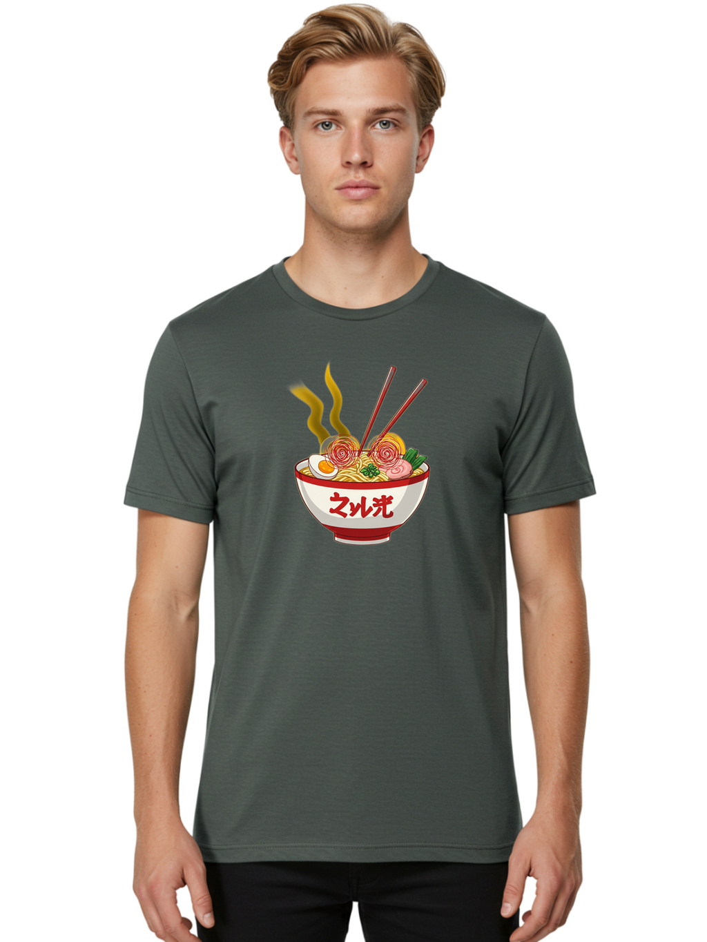 Null-Guang-Ramen Men'S Graphic Tee, 100% Cotton, Comfortable Casual Summer Wear, Machine Washable, Steaming Hot Ramen, Japanese Noodle Soup, Savory Broth, Boiled Egg, Sliced Pork, Green Onions, Chopsticks, Naruto Swirls, Delicious Meal, Bab048