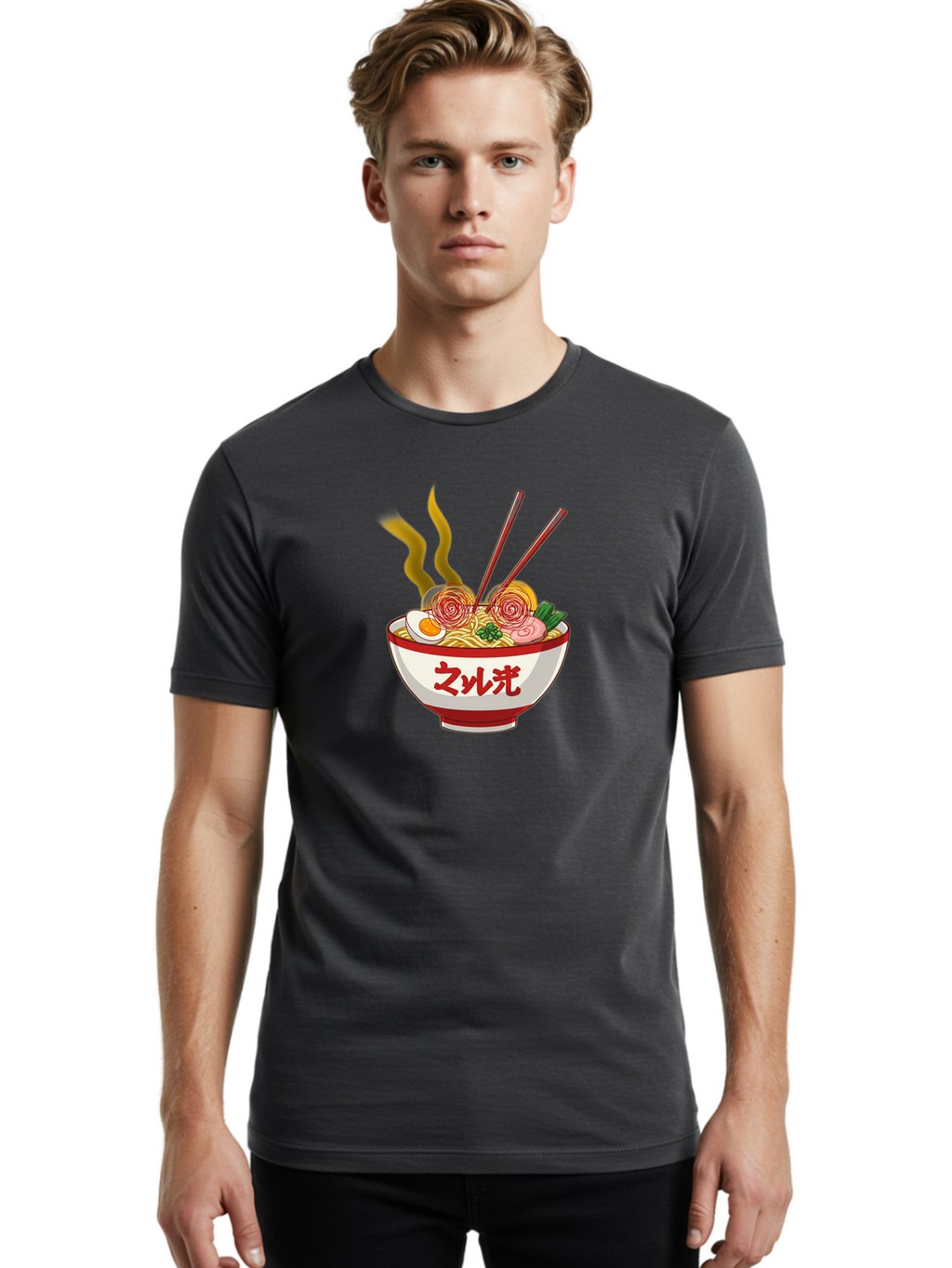 Null-Guang-Ramen Men'S Graphic Tee, 100% Cotton, Comfortable Casual Summer Wear, Machine Washable, Steaming Hot Ramen, Japanese Noodle Soup, Savory Broth, Boiled Egg, Sliced Pork, Green Onions, Chopsticks, Naruto Swirls, Delicious Meal, Bab048