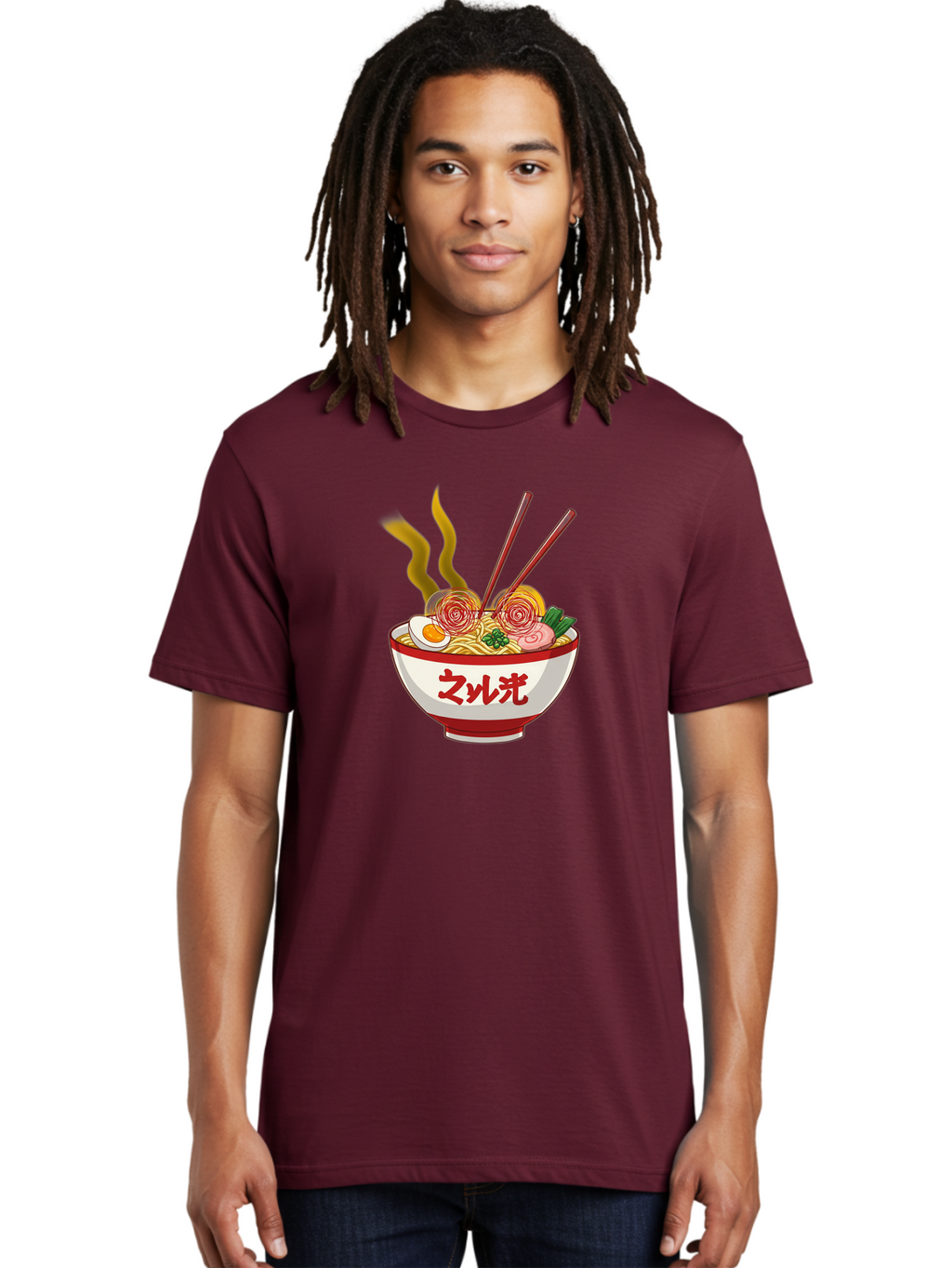Null-Guang-Ramen Men'S Graphic Tee, 100% Cotton, Comfortable Casual Summer Wear, Machine Washable, Steaming Hot Ramen, Japanese Noodle Soup, Savory Broth, Boiled Egg, Sliced Pork, Green Onions, Chopsticks, Naruto Swirls, Delicious Meal, Bab048