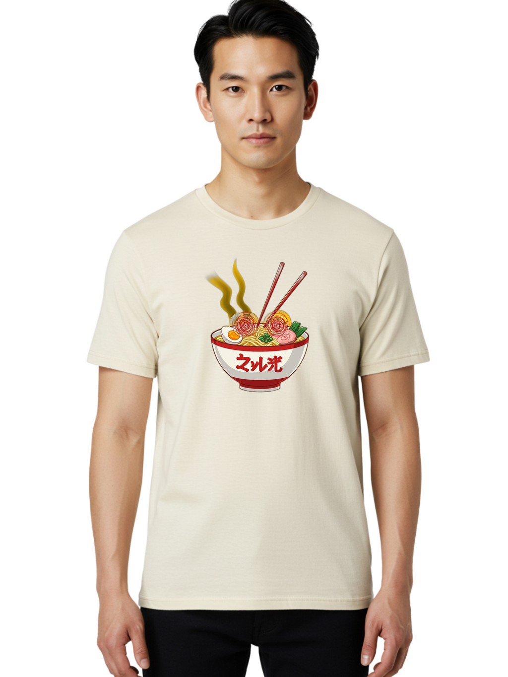 Null-Guang-Ramen Men'S Graphic Tee, 100% Cotton, Comfortable Casual Summer Wear, Machine Washable, Steaming Hot Ramen, Japanese Noodle Soup, Savory Broth, Boiled Egg, Sliced Pork, Green Onions, Chopsticks, Naruto Swirls, Delicious Meal, Bab048