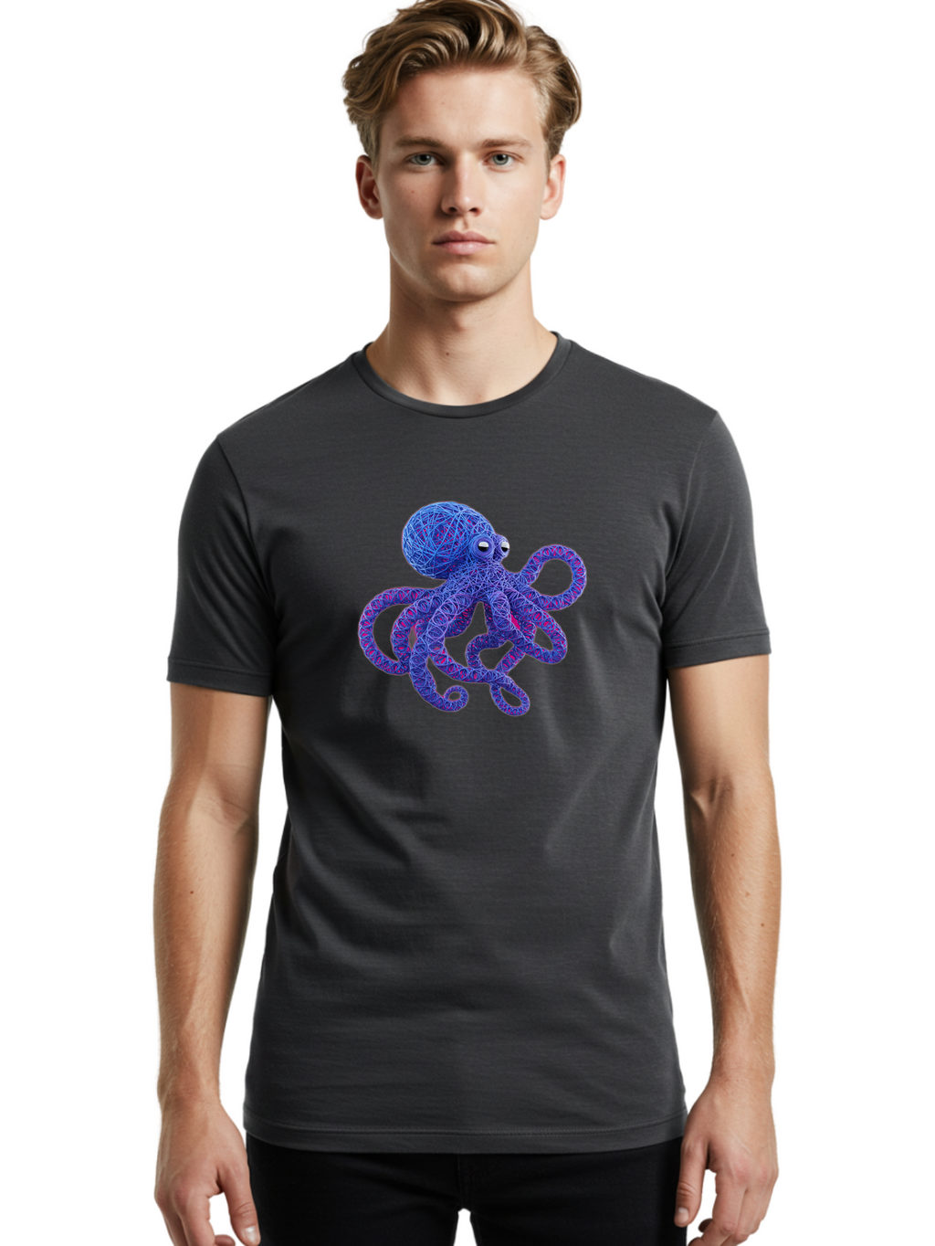 Octopus Men'S Graphic Tee, 100% Cotton, Comfortable Casual Summer Wear, Machine Washable, Colorful Octopus, String Art, Blue And Purple Hues, 3D Illustration, Whimsical Design, Underwater Creature, Artistic Representation, Creative Artwork, Bab049