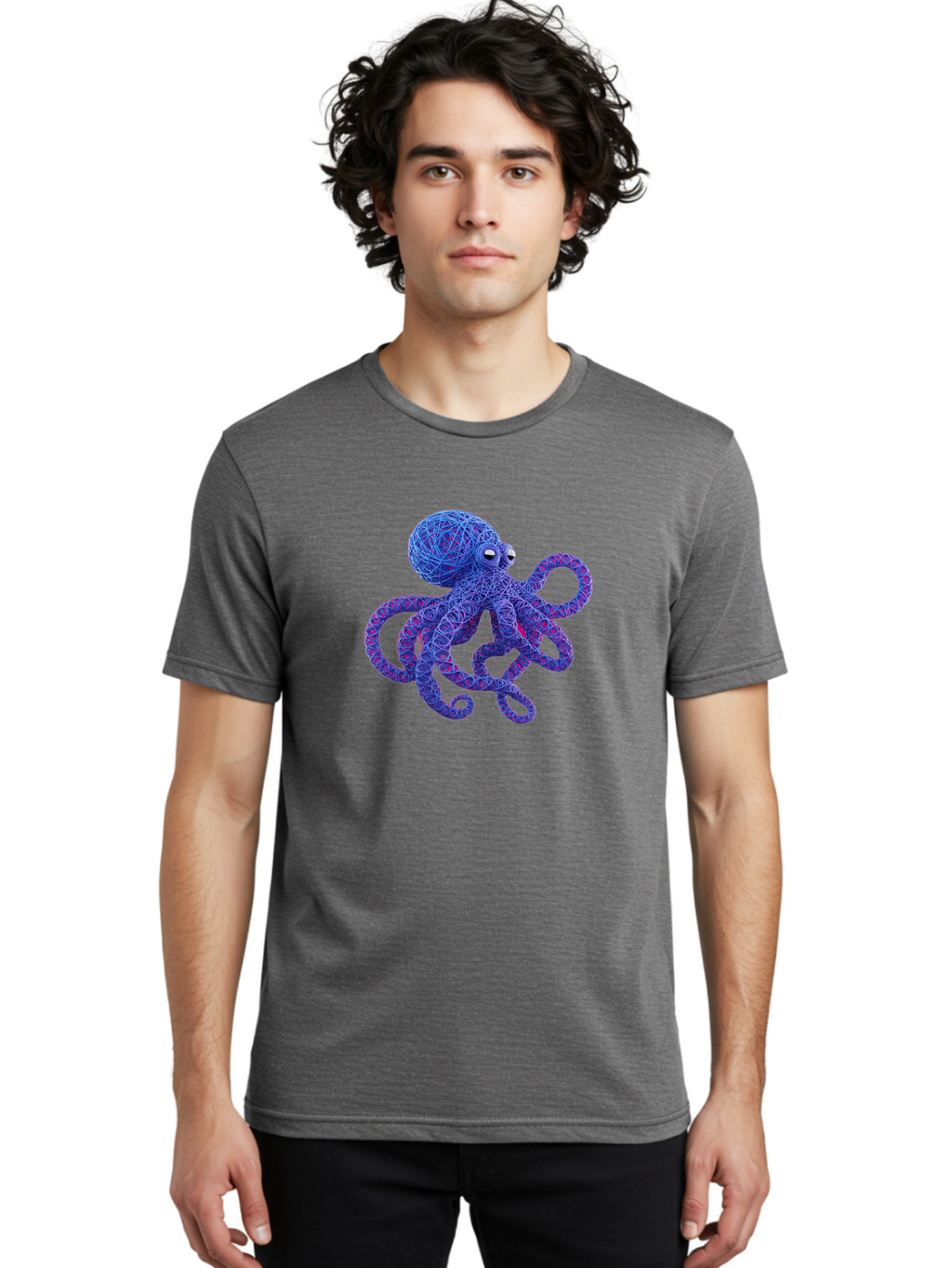 Octopus Men'S Graphic Tee, 100% Cotton, Comfortable Casual Summer Wear, Machine Washable, Colorful Octopus, String Art, Blue And Purple Hues, 3D Illustration, Whimsical Design, Underwater Creature, Artistic Representation, Creative Artwork, Bab049