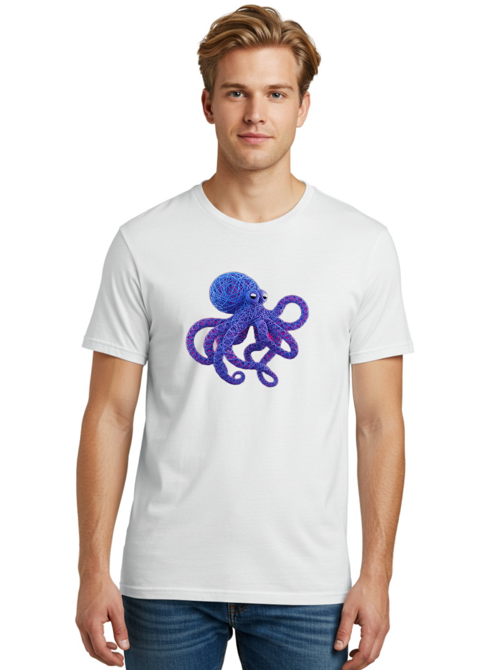 Octopus Men'S Graphic Tee, 100% Cotton, Comfortable Casual Summer Wear, Machine Washable, Colorful Octopus, String Art, Blue And Purple Hues, 3D Illustration, Whimsical Design, Underwater Creature, Artistic Representation, Creative Artwork, Bab049