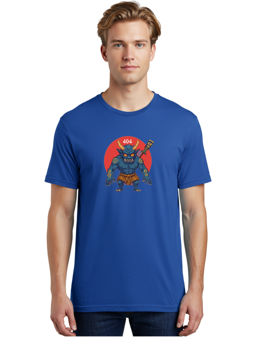 Oni-404 Men'S Graphic Tee, 100% Cotton, Comfortable Casual Summer Wear, Machine Washable, Blue Oni, Pixel Art Illustration, 8-Bit Style, Error 404, Red Circle Background, Gaming Aesthetic, Japanese Folklore, Cartoon Character, Bab051