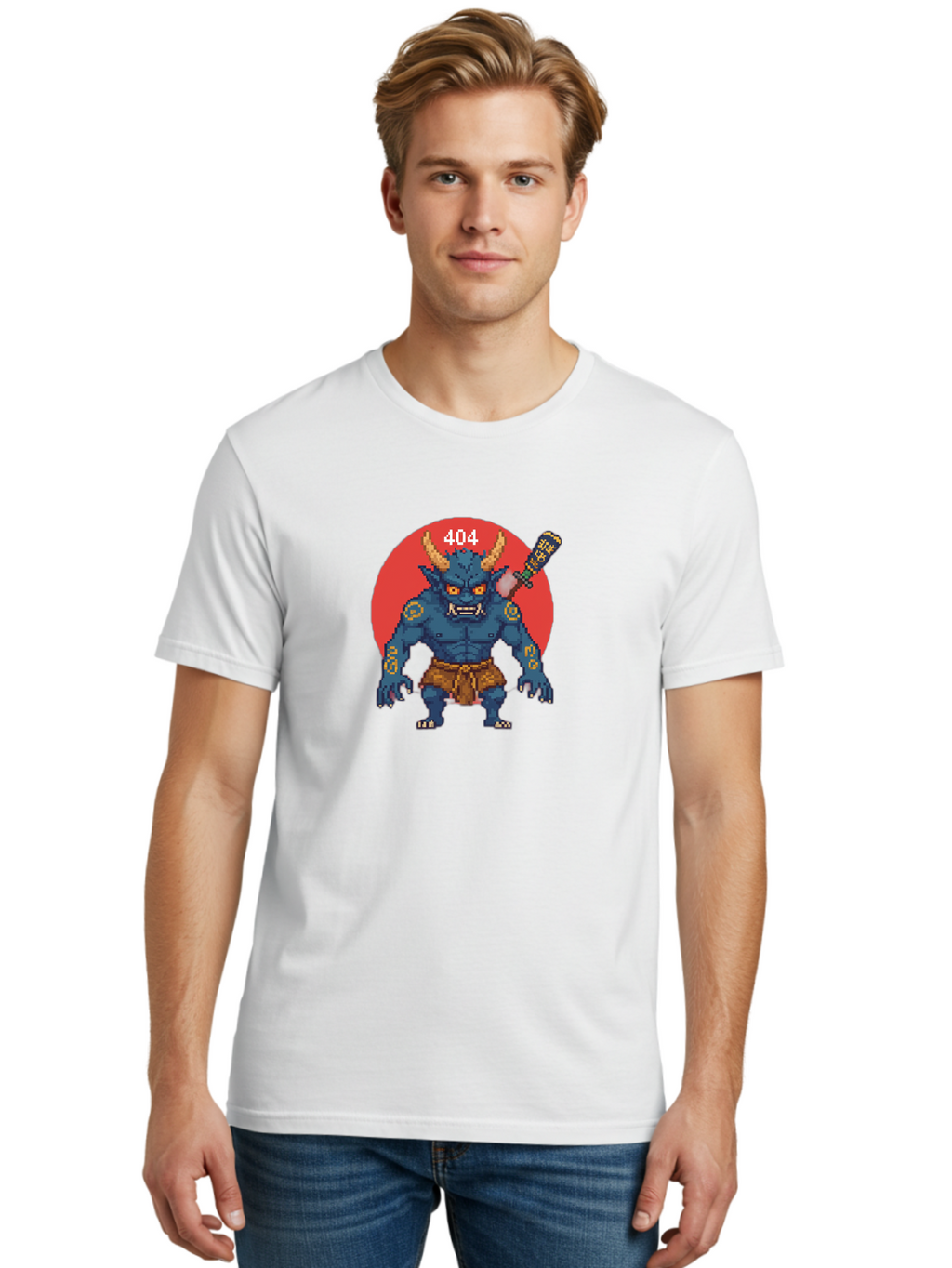 Oni-404 Men'S Graphic Tee, 100% Cotton, Comfortable Casual Summer Wear, Machine Washable, Blue Oni, Pixel Art Illustration, 8-Bit Style, Error 404, Red Circle Background, Gaming Aesthetic, Japanese Folklore, Cartoon Character, Bab051