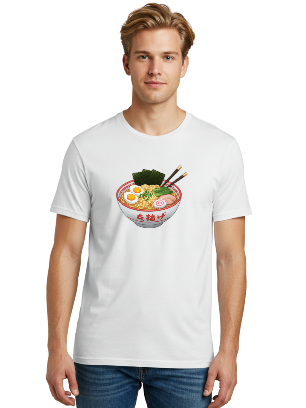 Onna-Jirage-Ramen Men'S Graphic Tee, 100% Cotton, Comfortable Casual Summer Wear, Machine Washable, Ramen Bowl, Noodle Soup, Boiled Egg, Green Onions, Seaweed, Pork Slices, Narutomaki, Chopsticks, Japanese Cuisine, Onna Zuke Bab053