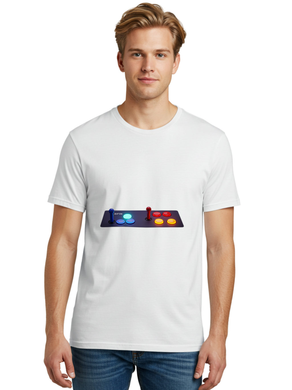 Opix-Joystick Men'S Graphic Tee, 100% Cotton, Comfortable Casual Summer Wear, Machine Washable, Arcade Controller, Gaming Console, Joystick, Colorful Buttons, Retro Gaming, Gamepad, Opix Brand, Gaming Accessories, Controller Layout, Bab054