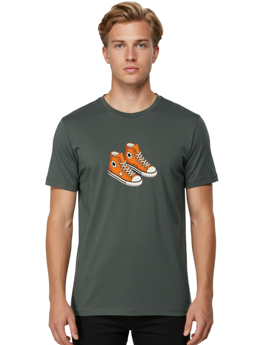 Orange-High-Tops Men'S Graphic Tee, 100% Cotton, Comfortable Casual Summer Wear, Machine Washable, Orange Sneakers, White Laces, Black Star Logo, White Star, Casual Footwear, Comfortable Shoes, Athletic Wear, Fashion Sneakers, Street Style Bab055