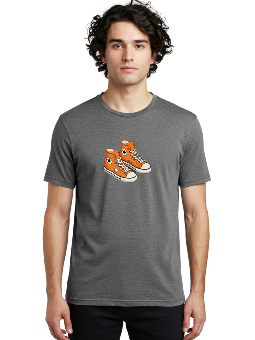 Orange-High-Tops Men'S Graphic Tee, 100% Cotton, Comfortable Casual Summer Wear, Machine Washable, Orange Sneakers, White Laces, Black Star Logo, White Star, Casual Footwear, Comfortable Shoes, Athletic Wear, Fashion Sneakers, Street Style Bab055