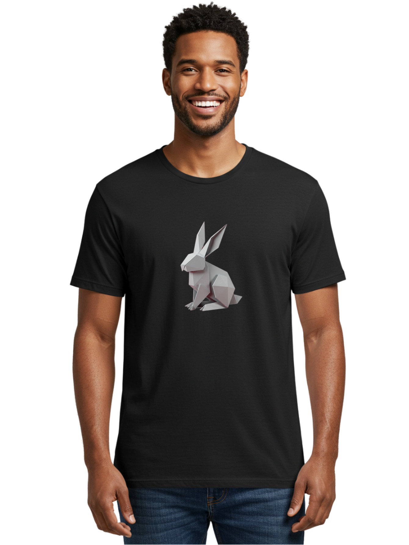 Origami-Rabbit Men'S Graphic Tee, 100% Cotton, Comfortable Casual Summer Wear, Machine Washable, Origami Rabbit, Geometric Art, Paper Folding, 3D Model, Minimalist Design, Rabbit Sculpture, Modern Art, Creative Craft Bab057